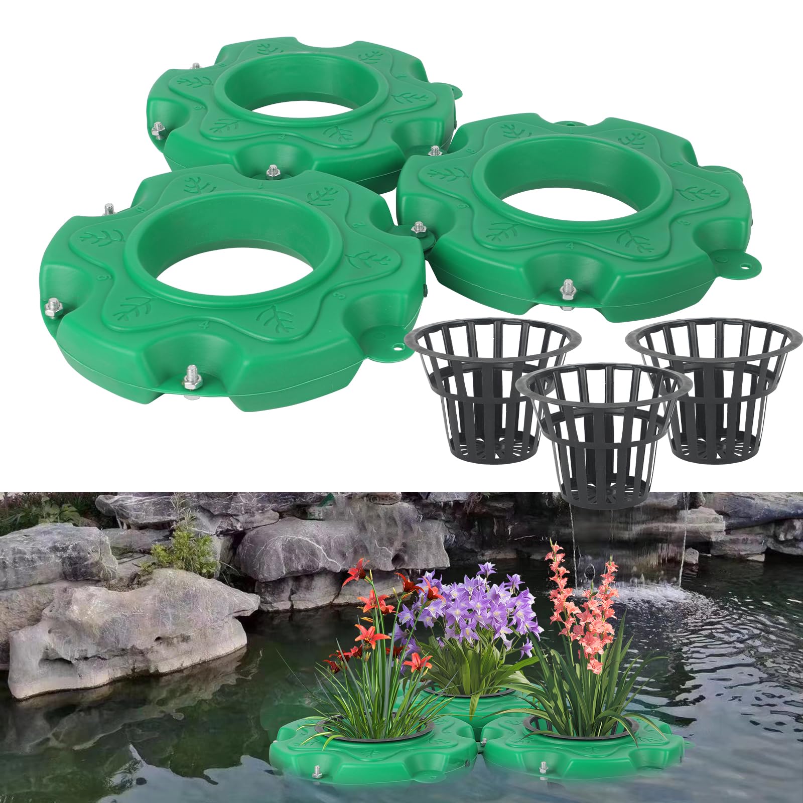 Panier de fleurs flottant pour étang - Plateforme de jardin flottante - Barrière pour poissons - Îles d'étang - Pot de fleurs aquatique pour étangs et éléments aquatiques (rond B, 3 paniers)