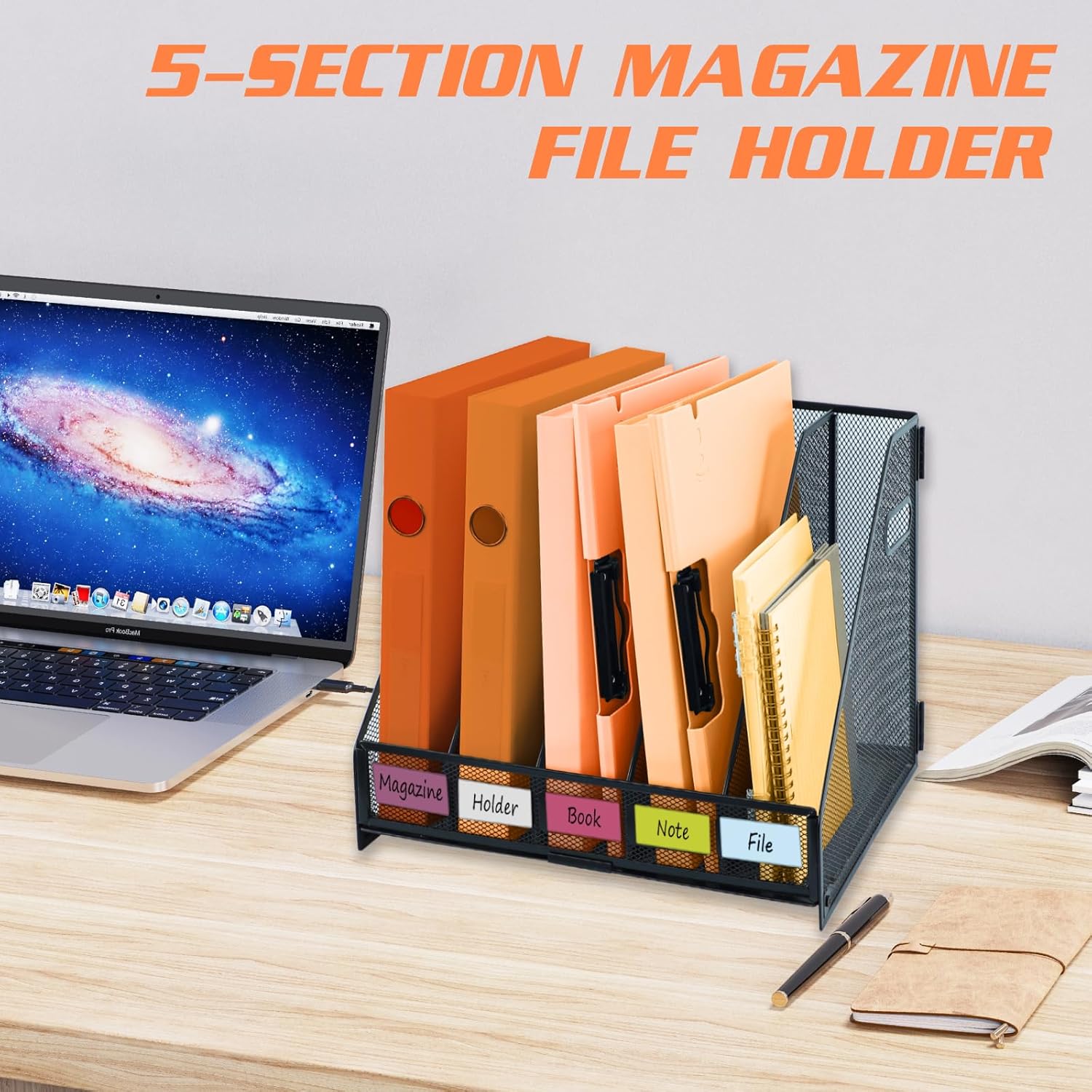 Magazine file holder for desk with 5 Vertical Compartments Folder Storage Binder Organizer for Office Home School Organization, Black