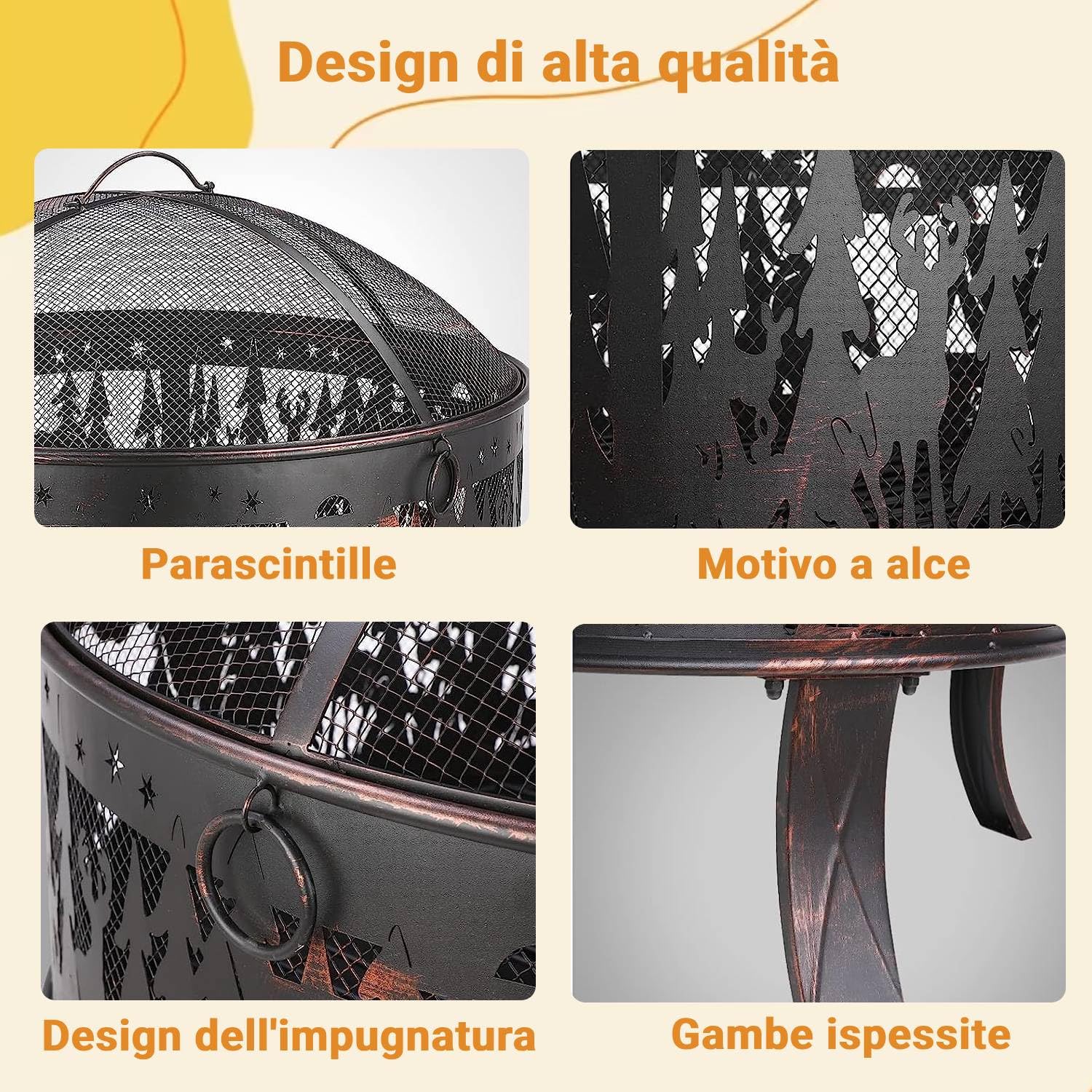 TLGREEN Braciere da giardino, braciere da Esterno con parascintille, stabile, fire pit 71 x 65 cm, con griglia per poker, 4 PCS piede, campeggio, spiaggia, tetto, look retrò, squisito motivo alce