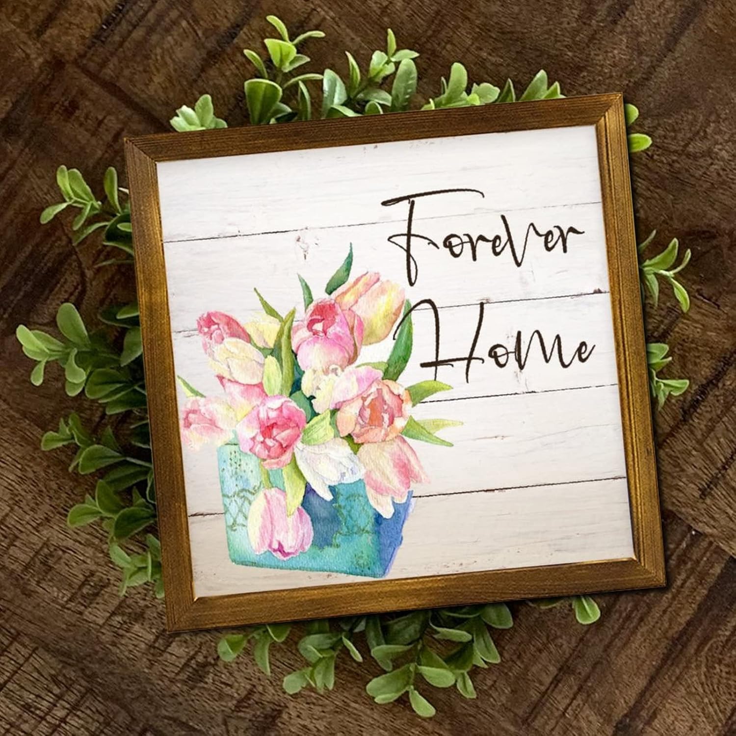 Forever Home Framed Wooden Signs Spring Tulip Flower in Vase Wood Hanging Plaque Retro Nature Plants Wall Decor Hanging Plaque Sign for Front Door Entryway Porch Bar Pub Party 12x12 inch