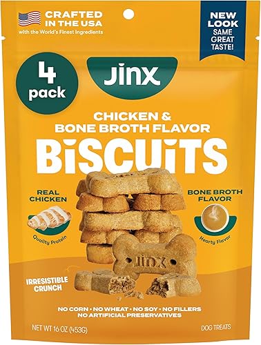 Jinx Galletas de caldo de hueso de pollo crujientes naturales para perros, hechas con caldo de pollo y hueso real horneado al horno, paquete de 4,