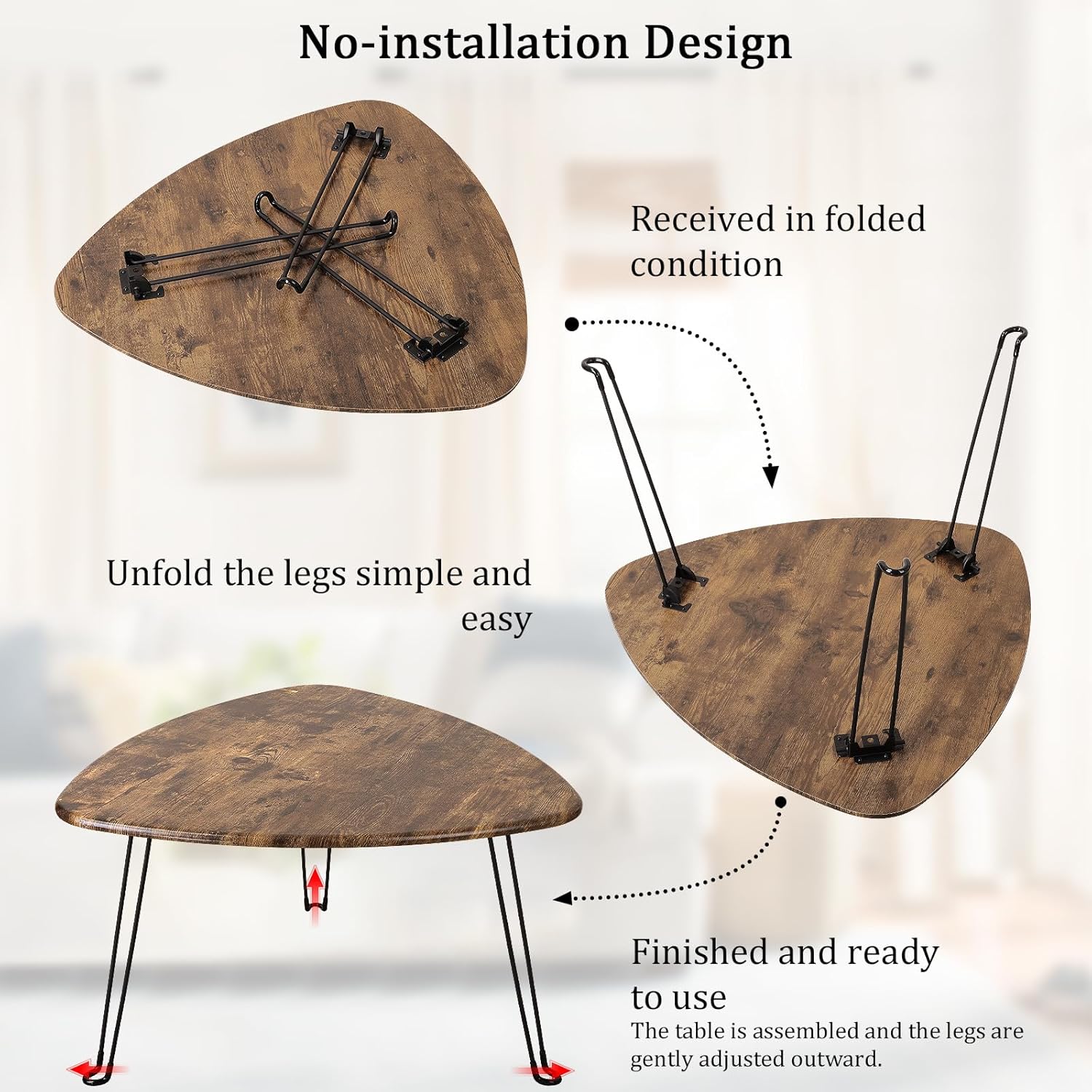 Folding Coffee Table Triangle Designs Oval Coffee Tables Mid Century Wooden Triangular Accent Table with Metal Legs Foldable Industrial Sofa Center Table for Living Room Space Saving