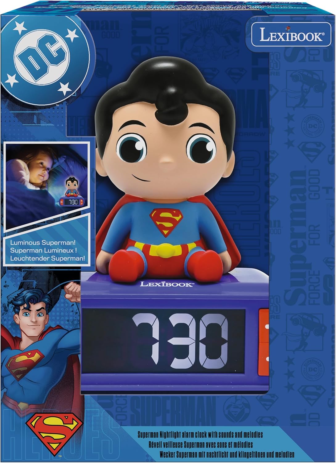LEXiBOOK, Superman, Superman Night Light Alarm Clock, Sounds and Melodies, Backlit LCD Screen, Illuminated, Snooze, RL800SU