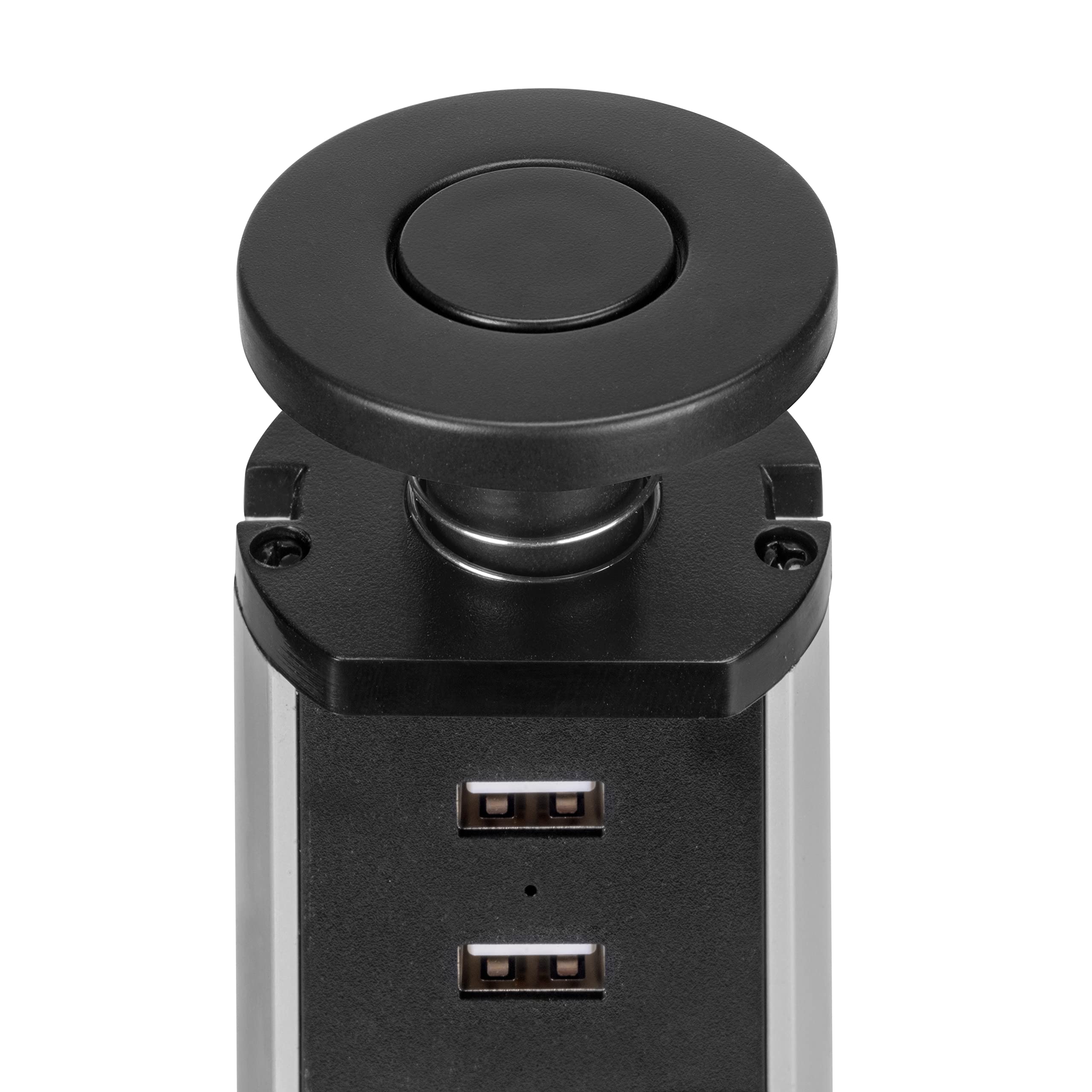 Emuca - Regletas Enchufe encastrable, Regleta multienchufe retráctil, 3 enchufes EU y 2 Puertos USB, Torre de enchufes Vertical empotrable para encimera, Pintado Negro, Plástico y Aluminio
