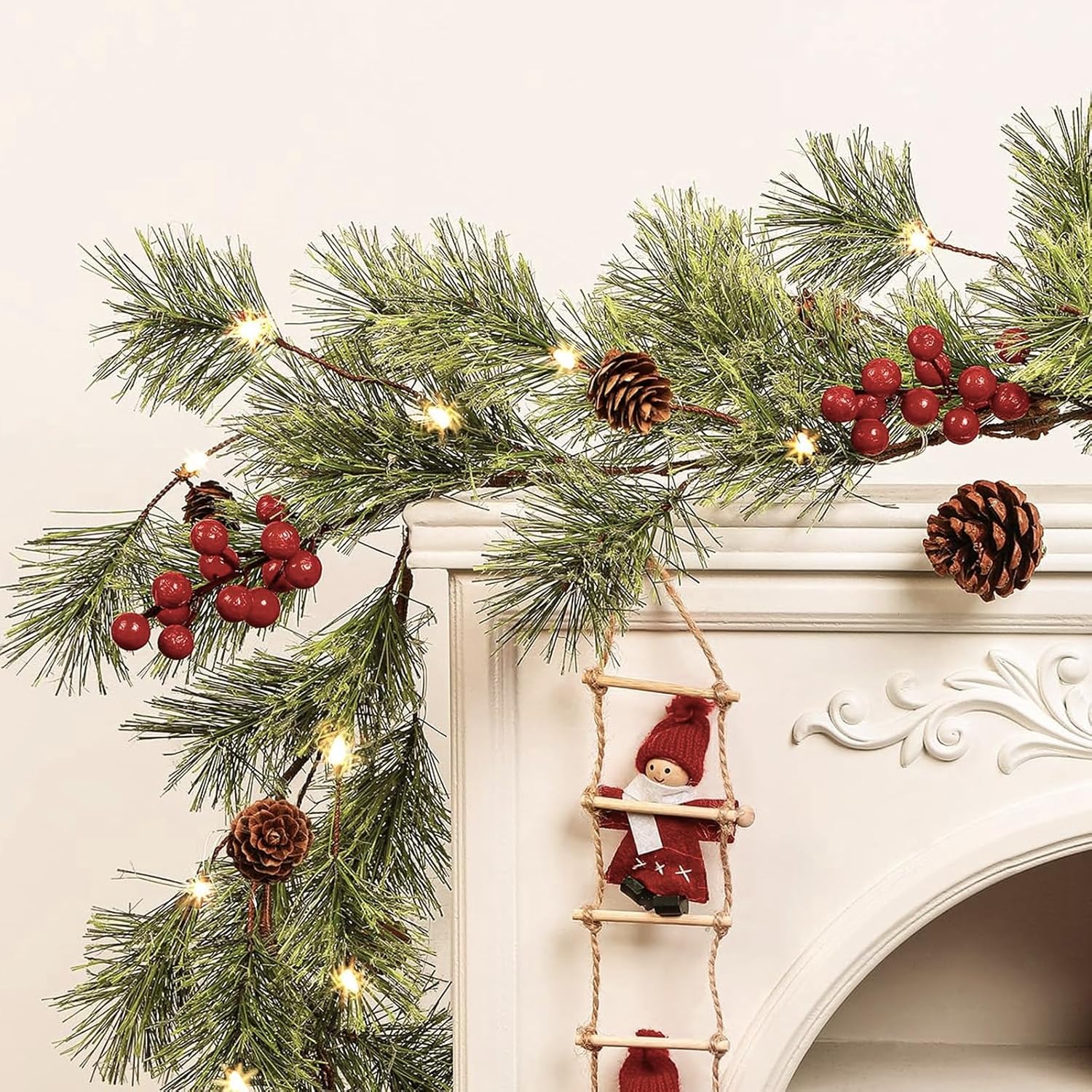 SHareconn 2 Pcs 6FT Prelit Smokey Christmas Garland with Battery Operated Timer, Multi-Color Lights, Lighted Cedar Pine Garland with Cones for Mantle Stairs Fireplace Indoor Outdoor Decoration, 6 FT 6ft-2pc