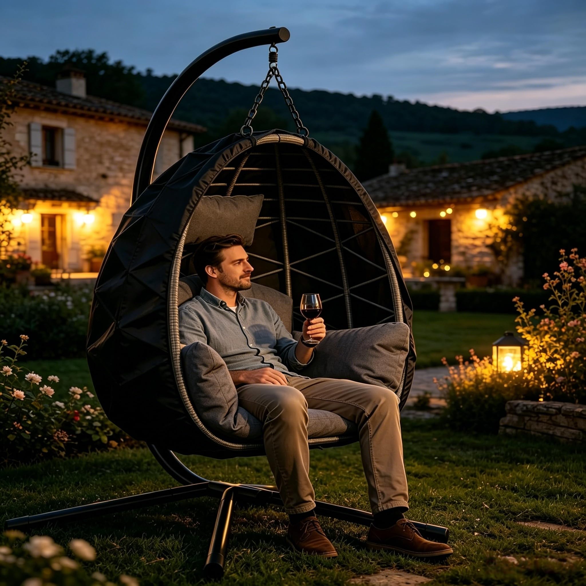 Fauteuil Oeuf Suspendu Épais Coussin de Siège et Appui-tête Housse Anti-Pluie Hauteur Réglable Structure Stable Pliable et Amovible Chaise Balançoire en Rotin Synthétique Intérieur et Extérieur (Gris)