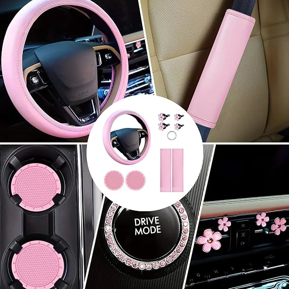 Amazleer Pink Steering Wheel Cover Set for Women, 10 Pcs Universal Car Accessories Kit with Seat Belt Shoulder Pads, Cup Holders, Floral Vent Clips, Start Button Sticker (Pink)