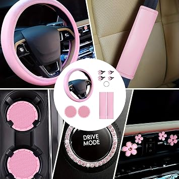 Amazleer Pink Steering Wheel Cover Set for Women, 10 Pcs Universal Car Accessories Kit with Seat Belt Shoulder Pads, Cup Holders, Floral Vent Clips, Start Button Sticker (Pink)