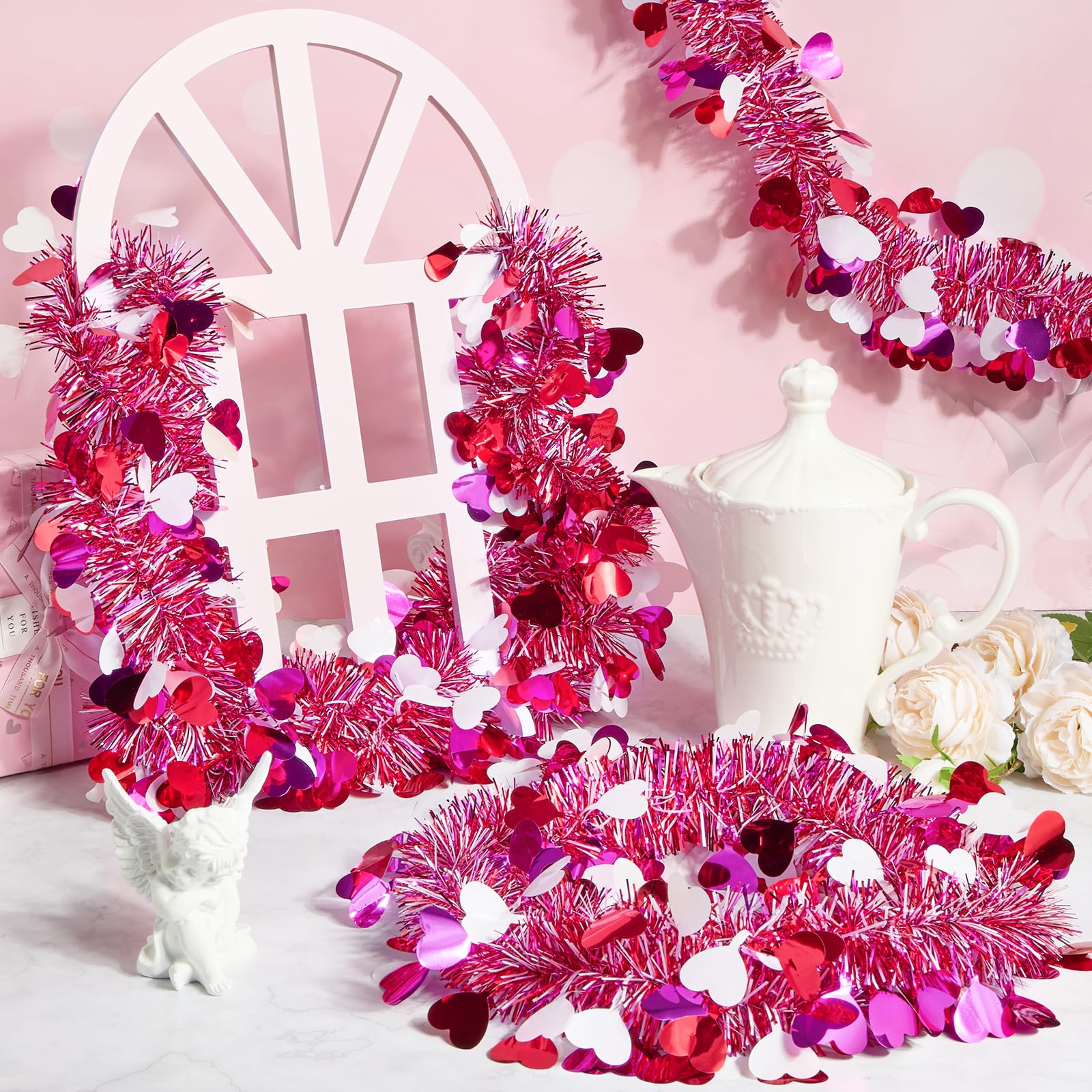 Ohuimrt 50Ft Valentines Heart Tinsel Garland Decorations, Valentines Pink Red White Metallic Twisted Garland Hanging Decor for Mantle Home Indoor Outdoor Party Supplies