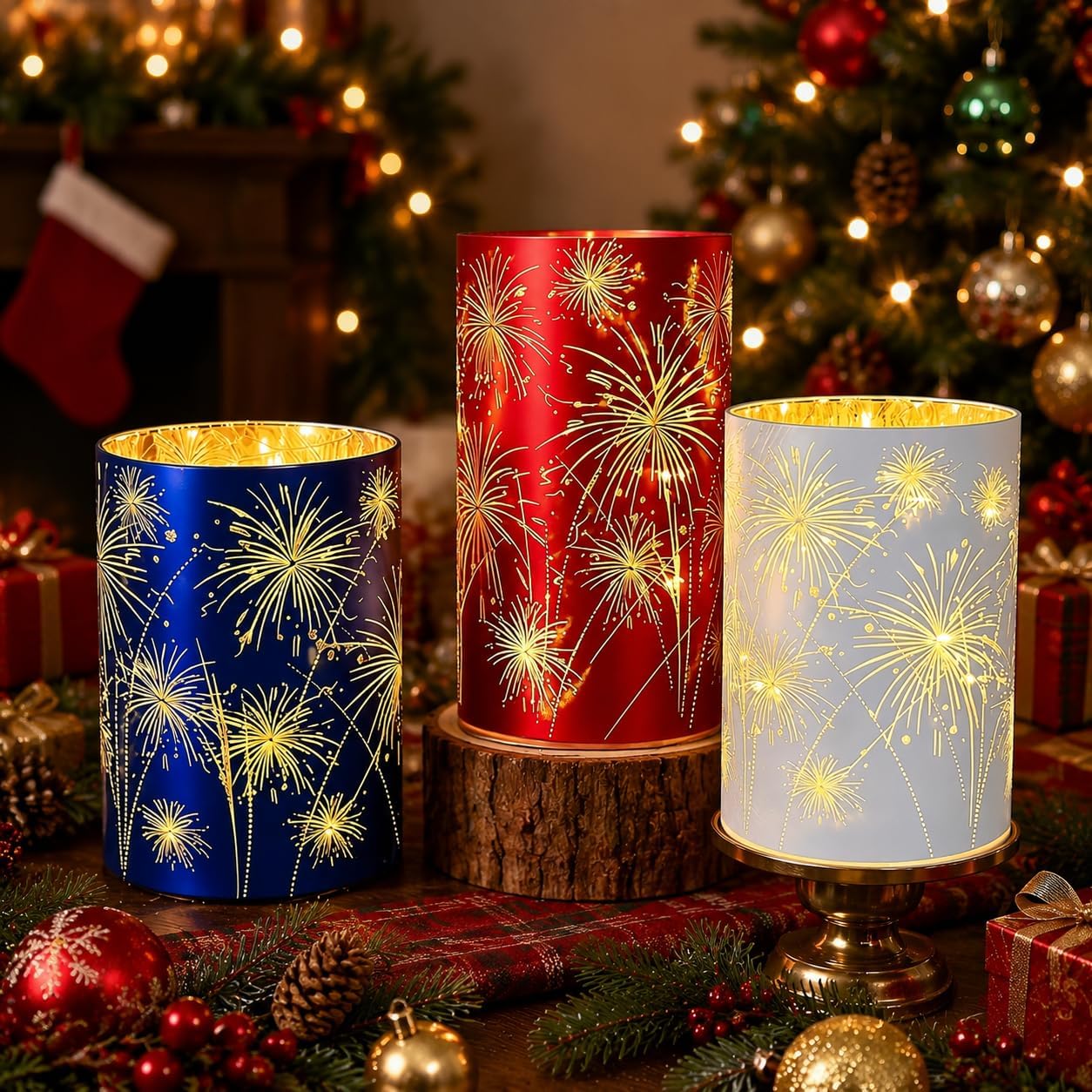 Set of 3 Celebration Hurricanes Lantern Firework Lights with Timer - Etched Starburst Warm White LED Lights,Patriotic Twinkling Decorative Centerpiece Memorial Day Decor for Mantel, Wedding Holiday