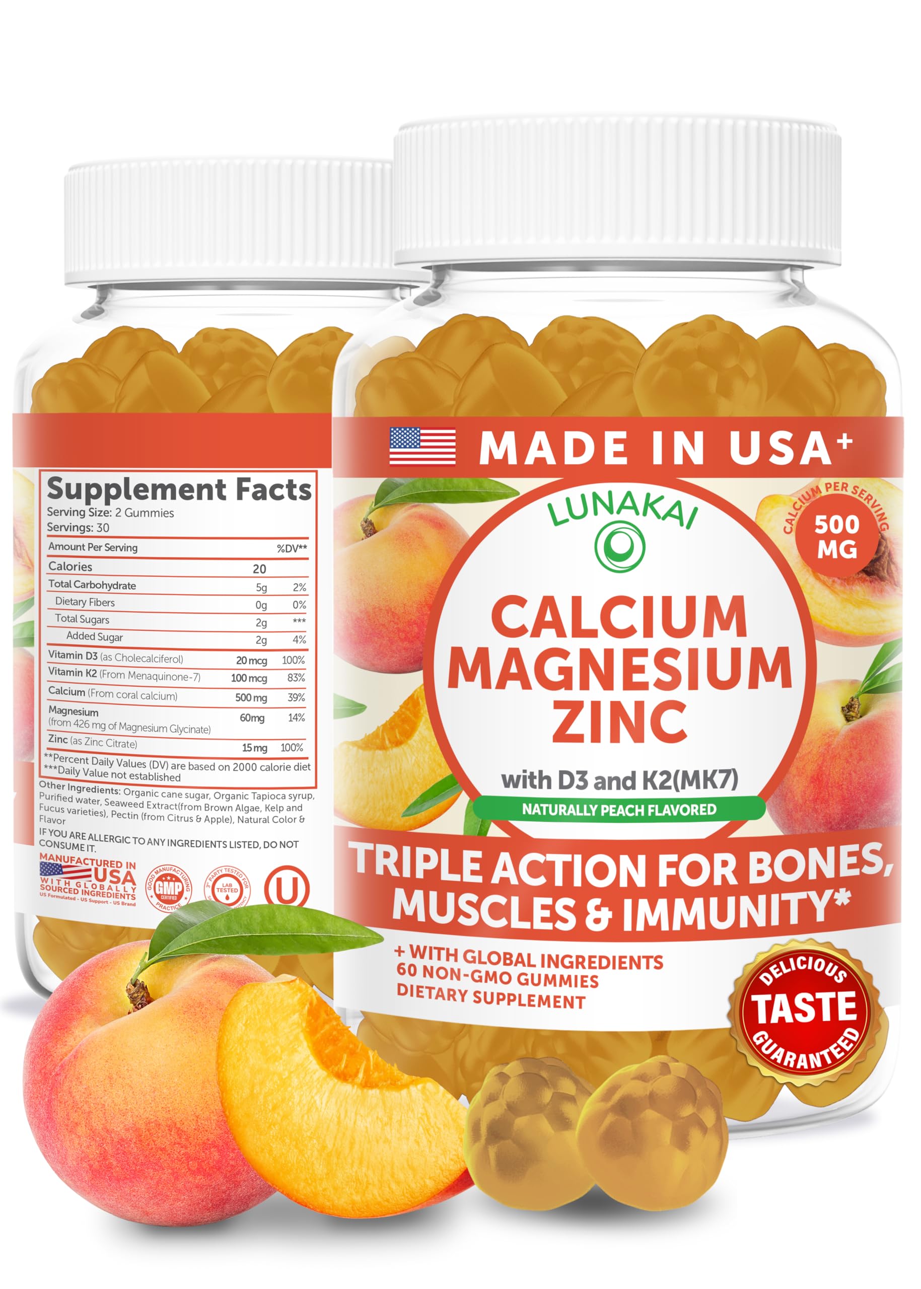 Lunakai USA Made Calcium Magnesium Zinc Gummies with Vitamin