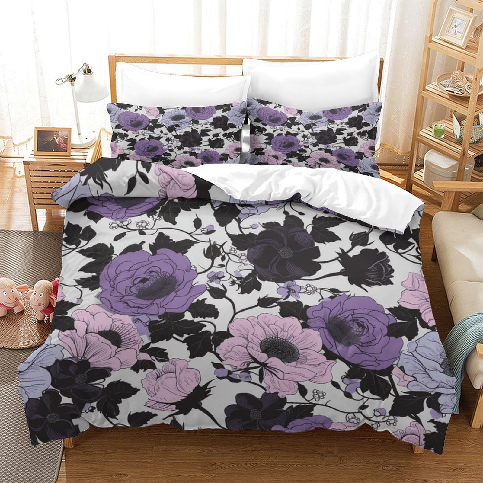 P1S9U7W5Y Elegant Floral 3D Printed Microfiber 3 Pieces Duvet Cover Set for Adults Teenagers, Purple Flower Bedding Set Soft Breathable Bedroom Décor Double（200x200cm）