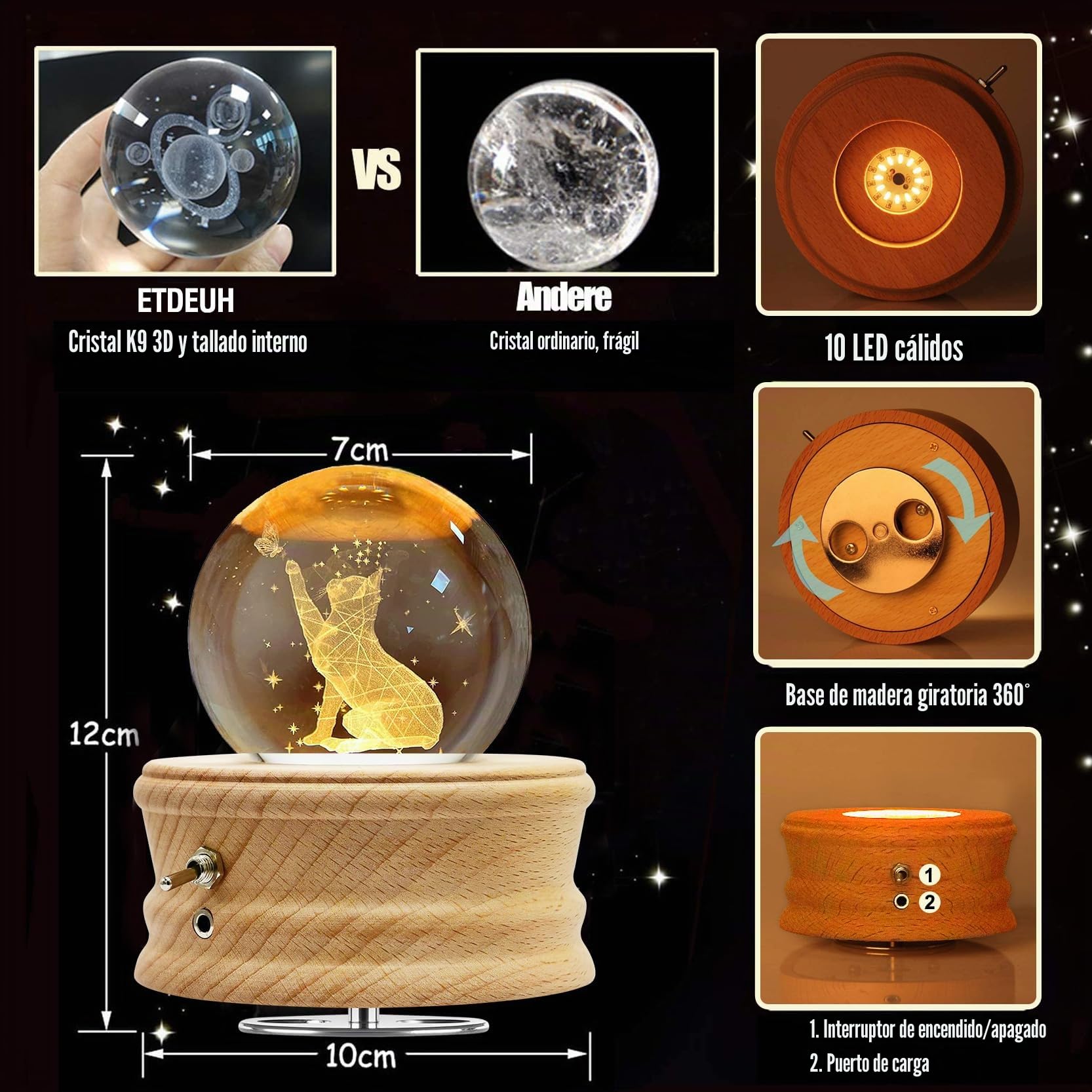 Caja de Música con Bola de Cristal,Caja de Música de Madera con Proyección,Base Giratoria de Madera con Rotación de 360°con Luz, Cristal 3D K9,Regalo de Cumpleaños Navidad Mujeres Niños