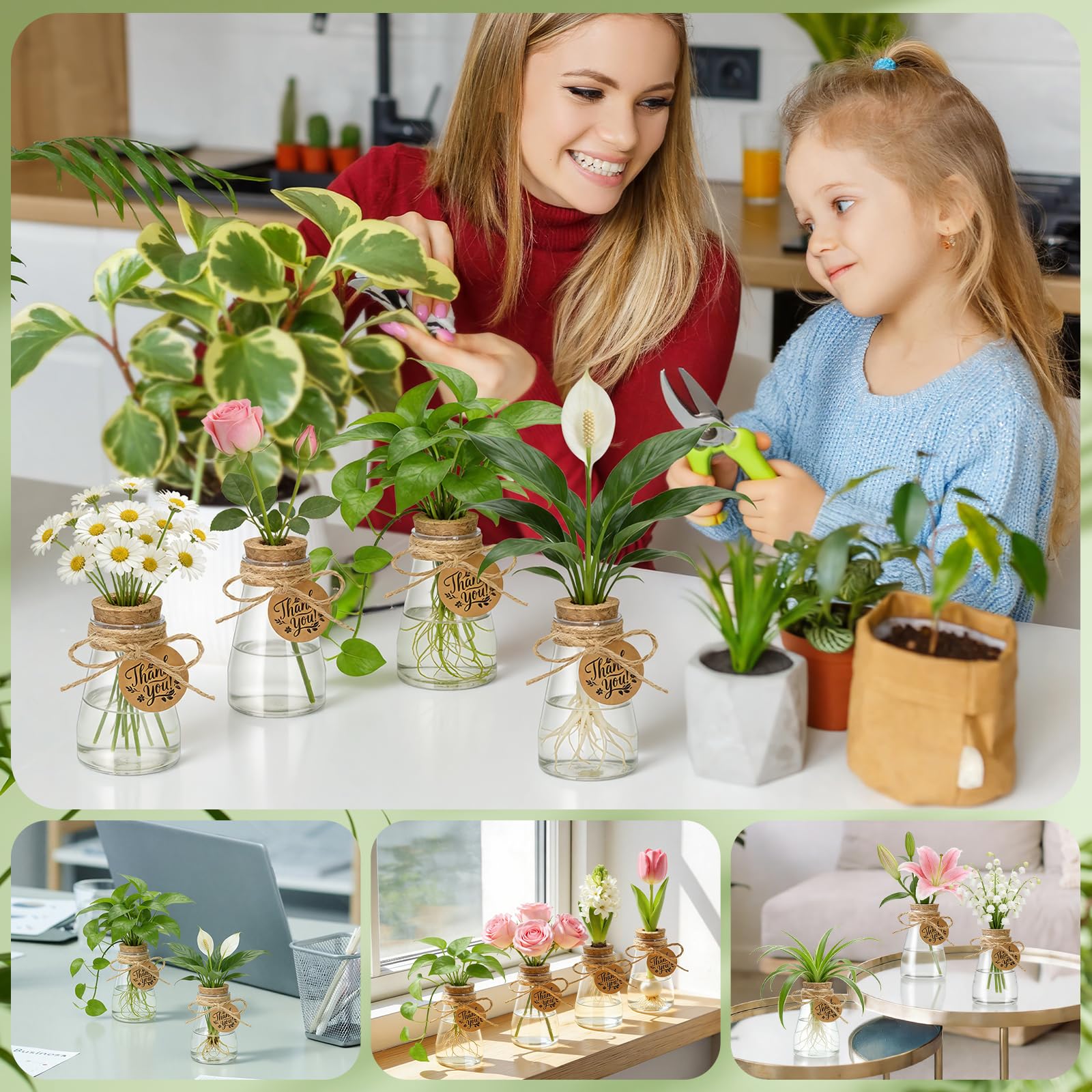 Pflanzen-Anzuchtstationen, 8,5 cm große Kunststoff-Anzuchtgläser, transparent, Hydrokultur, kleine Vase, hängende Pflanzgefäßröhre mit Korkdeckel, Anhängern, Hanfseil für Pflanzenliebhaber, Frauen