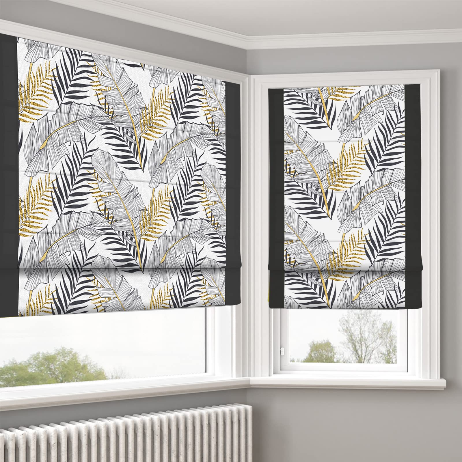LANTIME Roman Shades Window Blinds, Lined Blackout Print Fabric with Solid Border Window Roman Shades, Ravenala