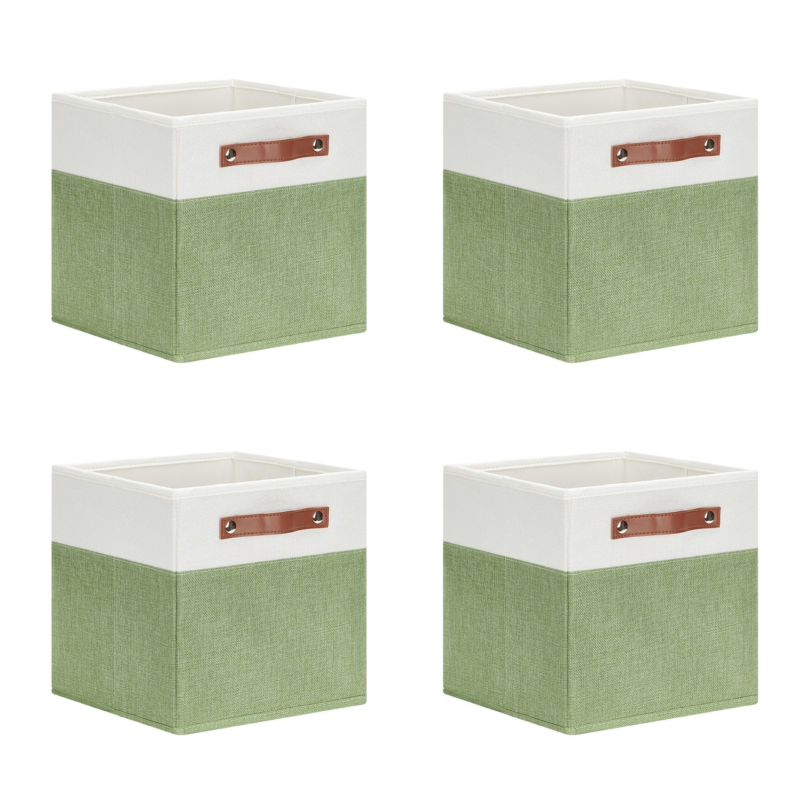 DULLEMELO 11x11 Cube Fabric Organizer Storage Bins for Shelf, Toy Square Green Bins, Kids Clothes Closet Baskets Storage, for Bedroom, Living Room, Dorm(White&amp;Green-4 Pack)