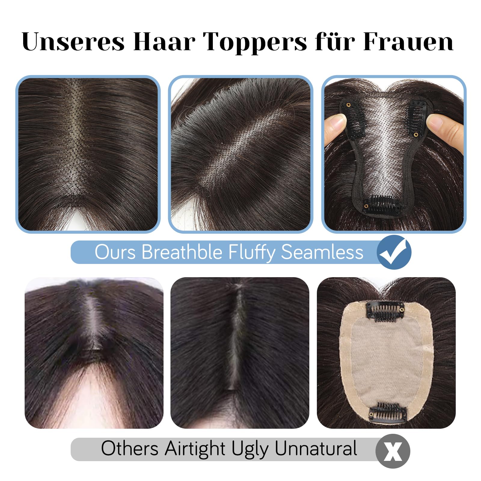 Toppers para el cabello humano para mujer, toupets ligeros para mujeres, 100 % atados a mano, clip en postizo para cabello fino, parte superior de la cabeza, mullido, liso, sin flequillo (4T10/16#)