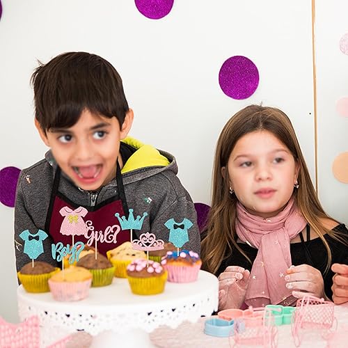 Miniatura 7 de 24 piezas de adornos para cupcakes para niños o niñas, corona de princesa con purpurina rosa o azul, vestido de princesa para baby shower,