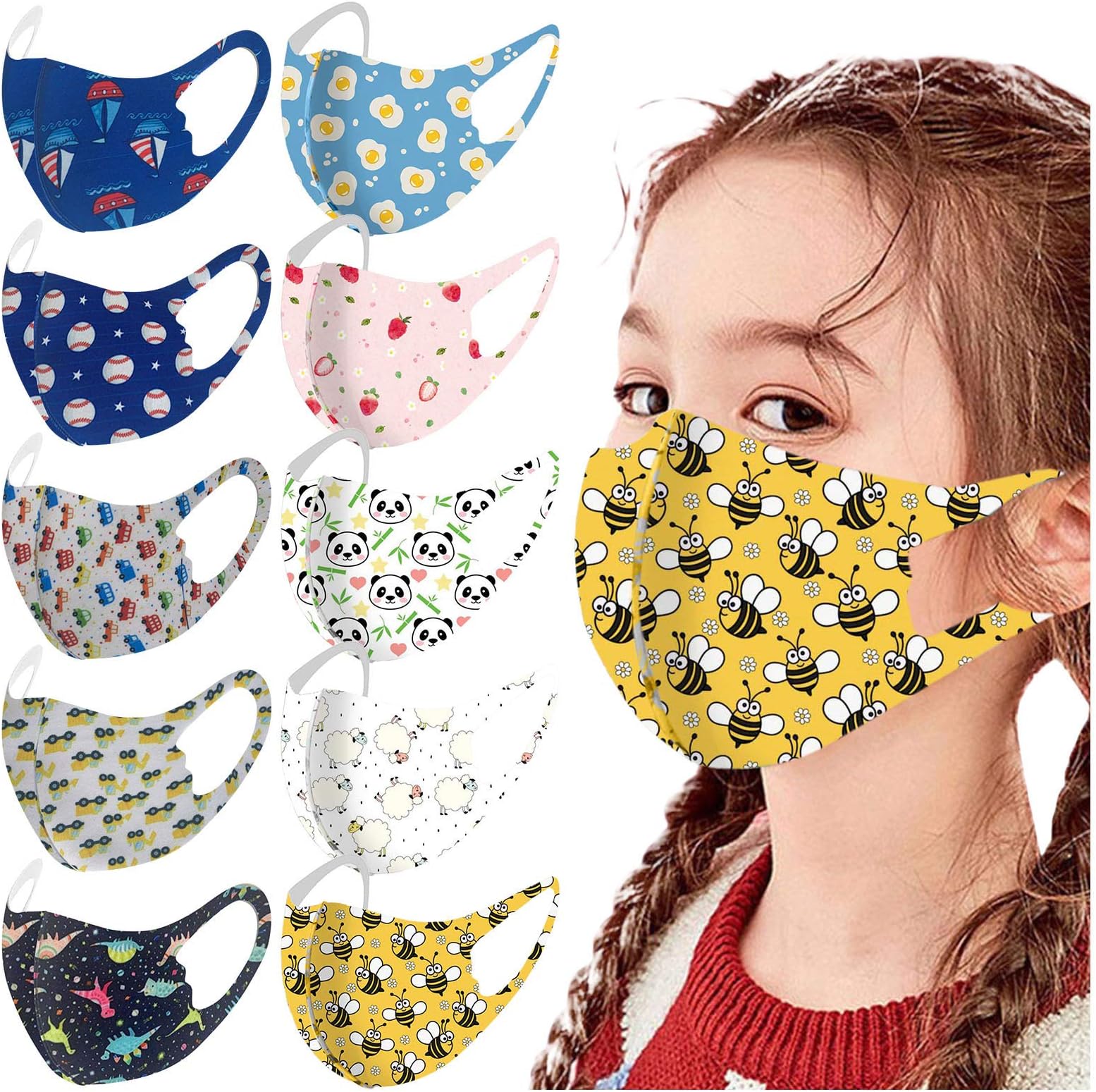 10PC Kids Reusable Face_Masks Washable Cute Cartoon Breathable Seamless Face Covering for Children Boys Girls Outdoor Back to School Supplies