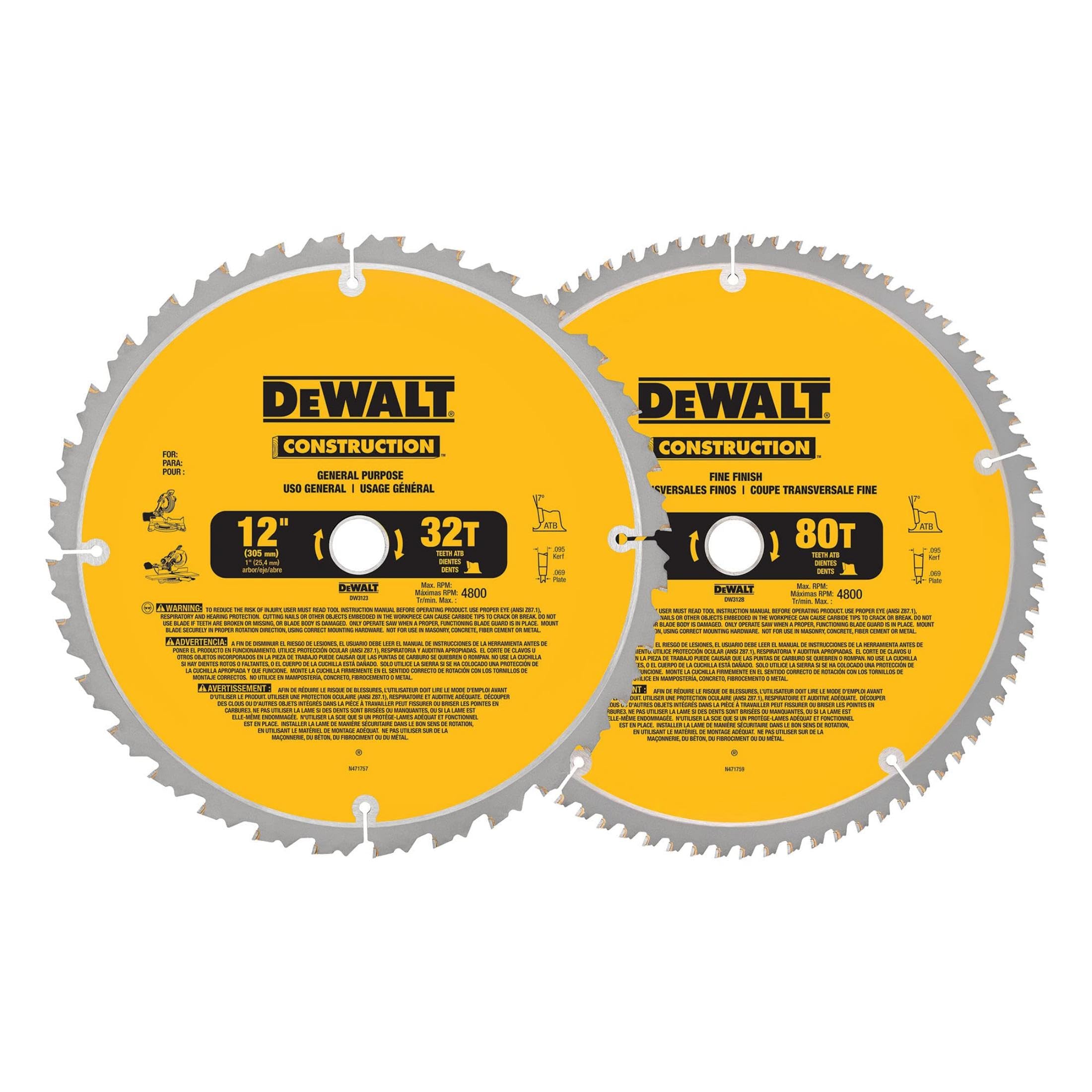 DEWALT 12-Inch Miter Saw Blade, Crosscutting, Tungsten Carbide, 80-Tooth and 32-Tooth, 2-Pack (DW3128P5, DW3123), yellow