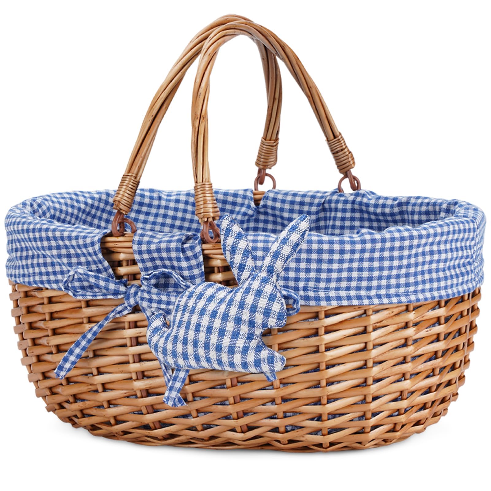 Vireo Garden Blue Wicker Picnic Basket With Double Folding Handles,Willow Picnic Hamper,Natural Hand Woven Easter Basket,Easter Eggs And Candy Basket,Bath Storage,Gift Packing Basket.