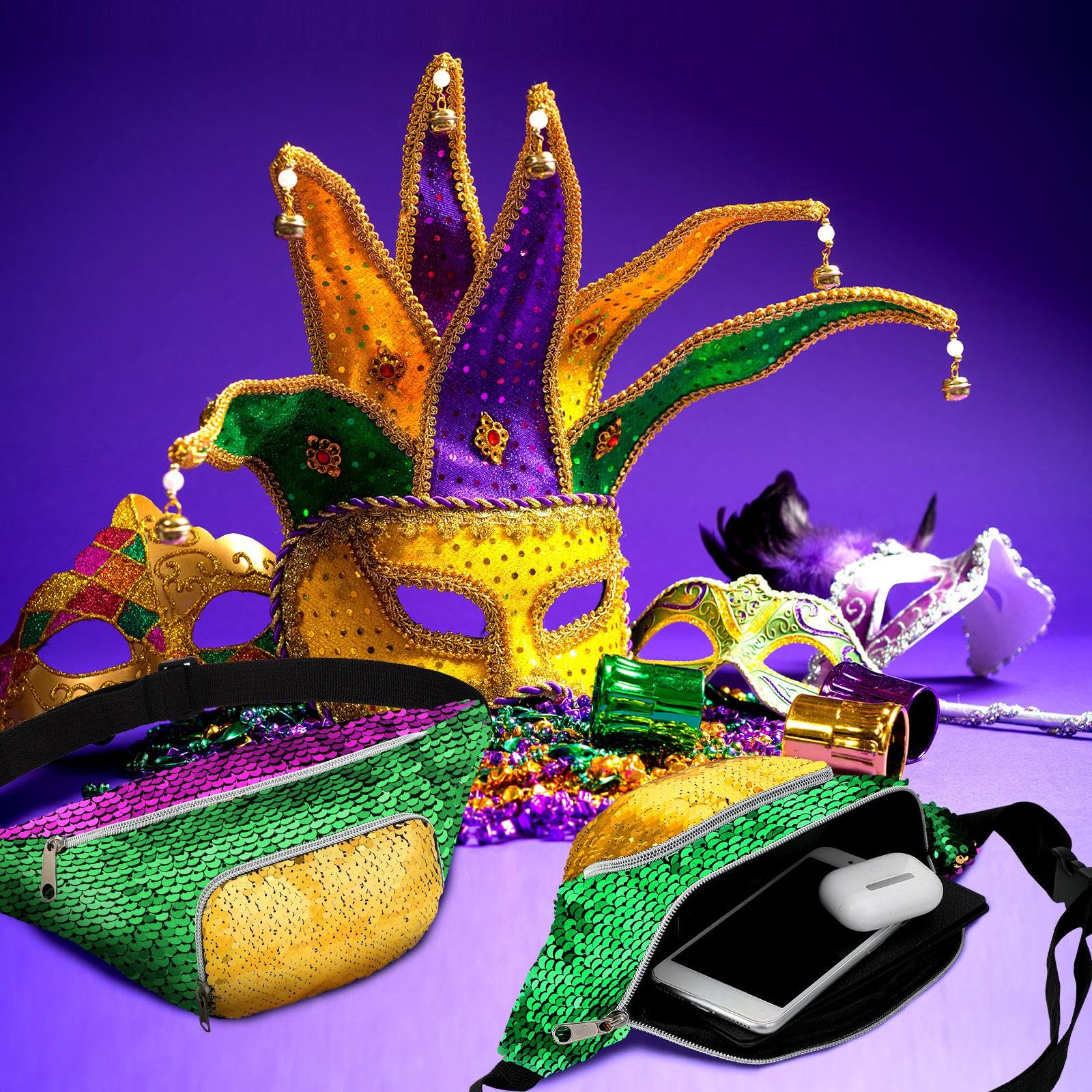 Abbylike 4 Stück Mardi Gras Pailletten Bauchtasche für Frauen Glitzer Crossbody Taschen mit verstellbarem Riemen Pailletten Tasche Wandern Taille Packs Hüfttasche für Karneval Weihnachten Geburtstag