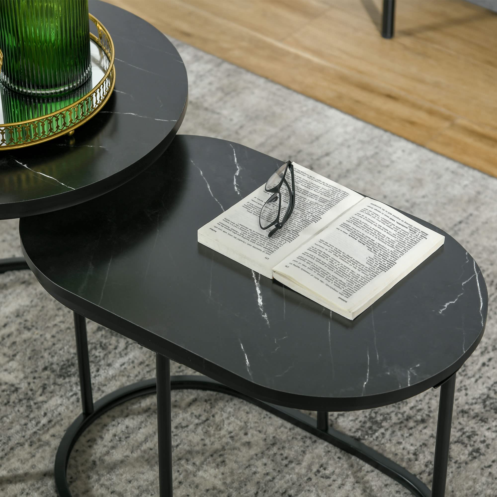 HOMCOM Lot de 2 Tables Basses Tables d'appoint gigognes en Acier et Plateau MDF Aspect marbre - Table Ronde et Ovale - Noir