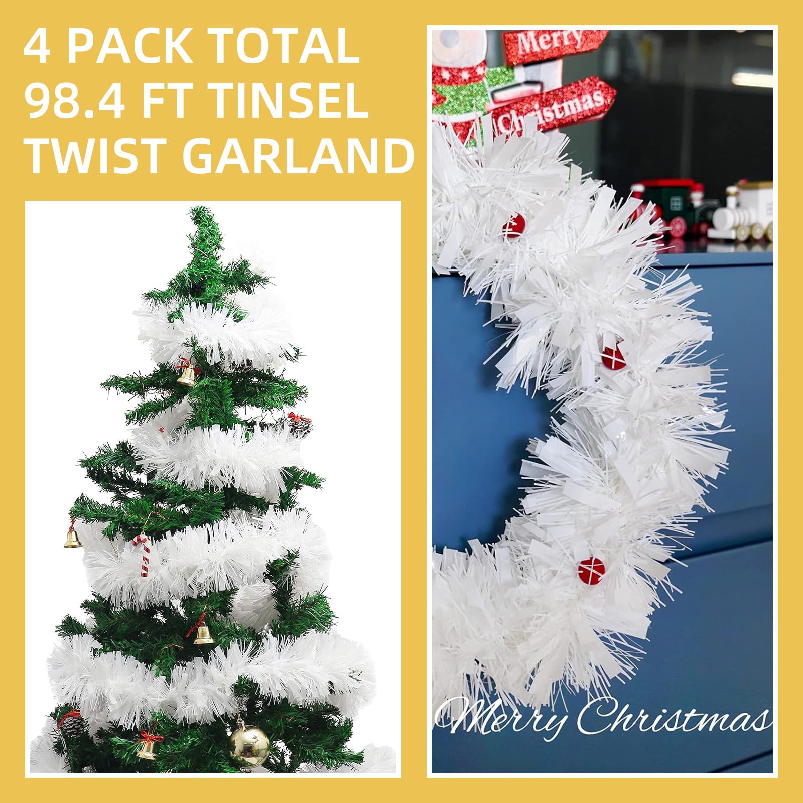 Guirnalda de oropel blanca de 100 pies, guirnalda de oropel del 4 de julio, guirnalda metálica para árbol de Navidad, Año Nuevo, vacaciones, fiestas de cumpleaños (3.54 x 50 pies, blanco)
