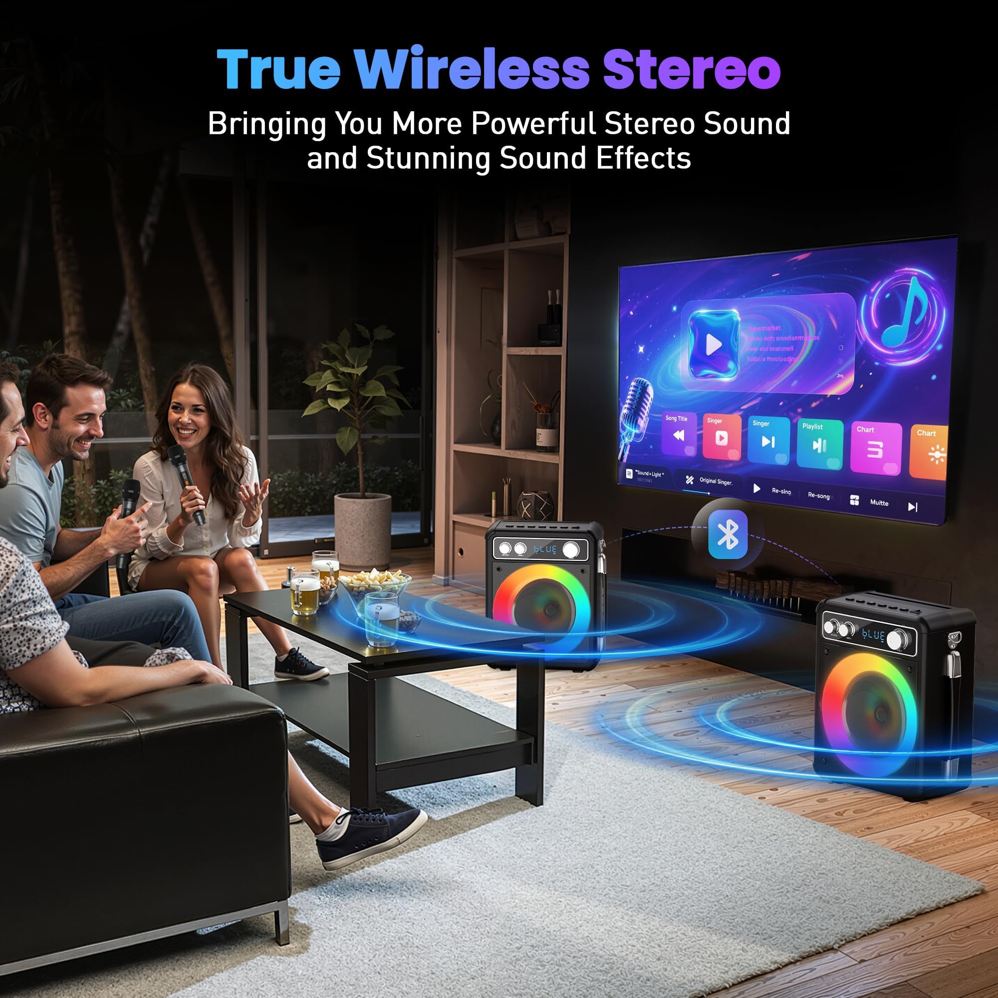 Tragbare Karaoke Maschine mit 2 Drahtlosen Mikrofone, Ankuka 15W Bluetooth Lautsprecher Box für Erwachsene/Kinder mit LED Lichteffekte, Unterstützt TF/USB, FM, Rec, AUX in, TWS für Party, Geburtstag