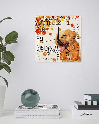Miniatura 3 de Hello Fall Wooden Wall Clock Silent Non Ticking, Thanksgiving Dog Orange Scarf Maple Leaf Burlap Square Wall Clock Battery Operated, Decor Clock for