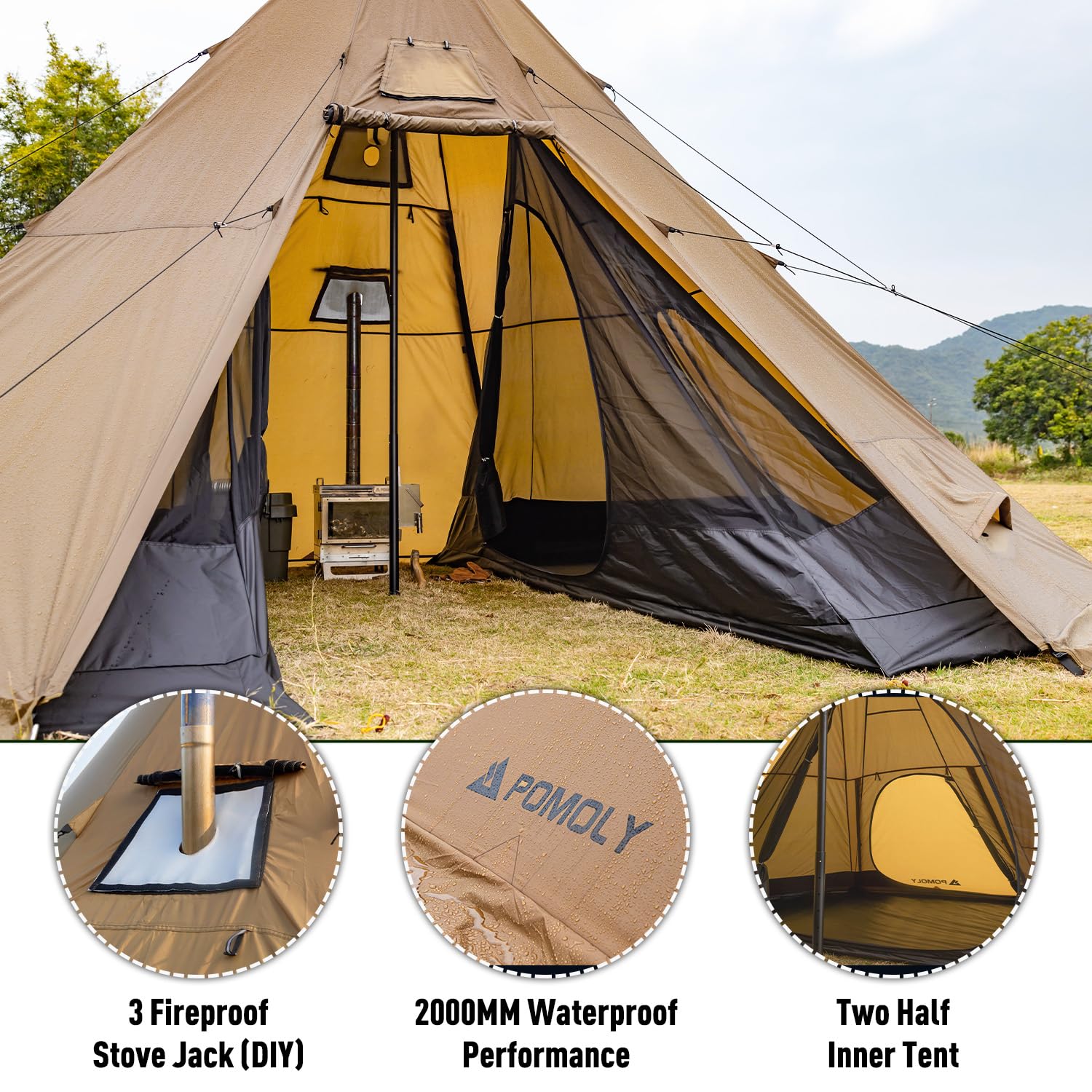 Bromance 70 Tipi Tent for 4-6 Person, Oudoor Camping Hot Tent (with 3 Stove  Jacks and 2 Half Inner Tents) : Amazon.co.uk: Sports u0026 Outdoors