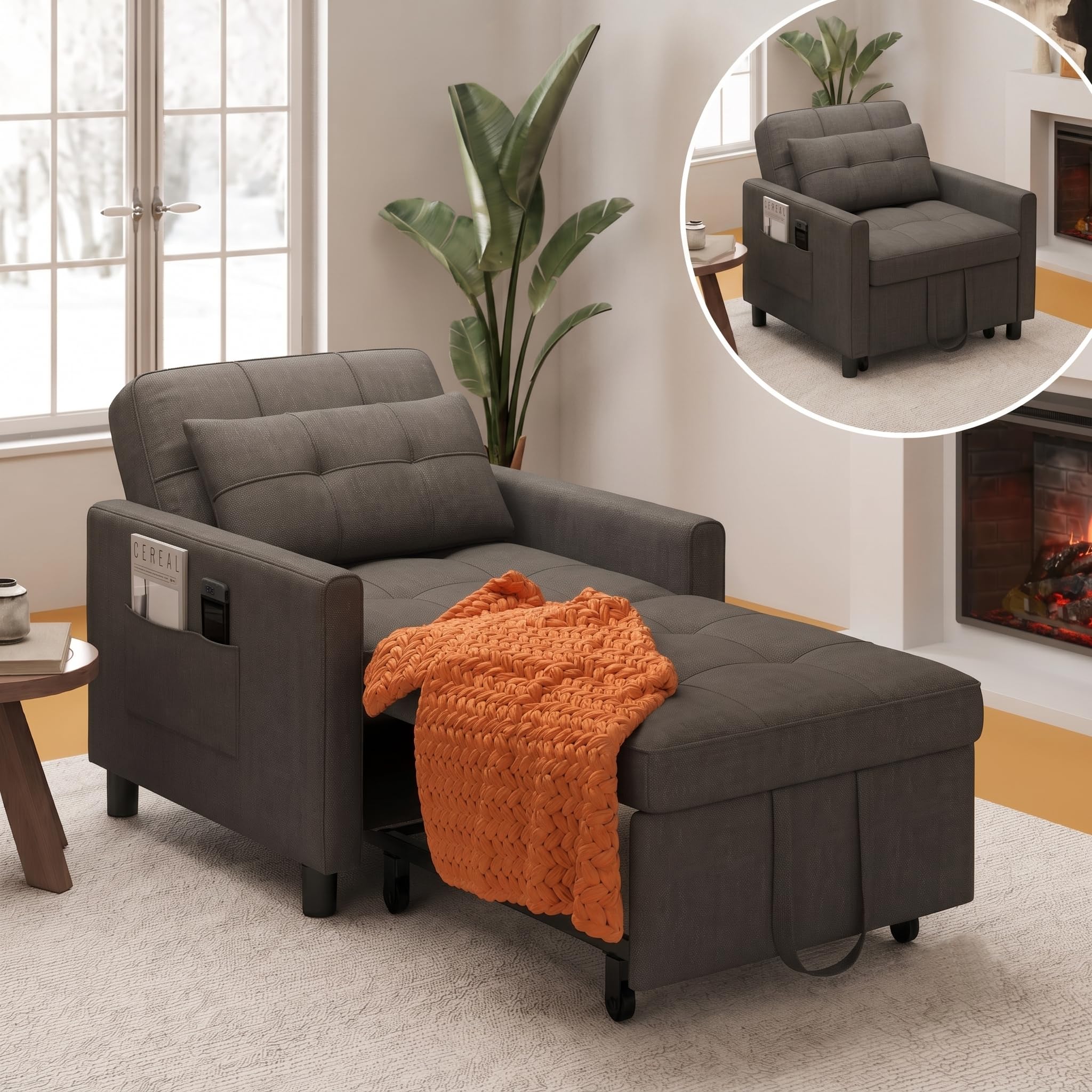 Xbro Schlafsessel mit Bettfunktion, Schlafsofa 3-in-1 ausziehbar, Verstellbarer Sessel mit Schlaffunktion, Einzelsessel mit Kissen, 2 Seitentaschen und Rollen, für kleine Wohnung, Dunkelgrau