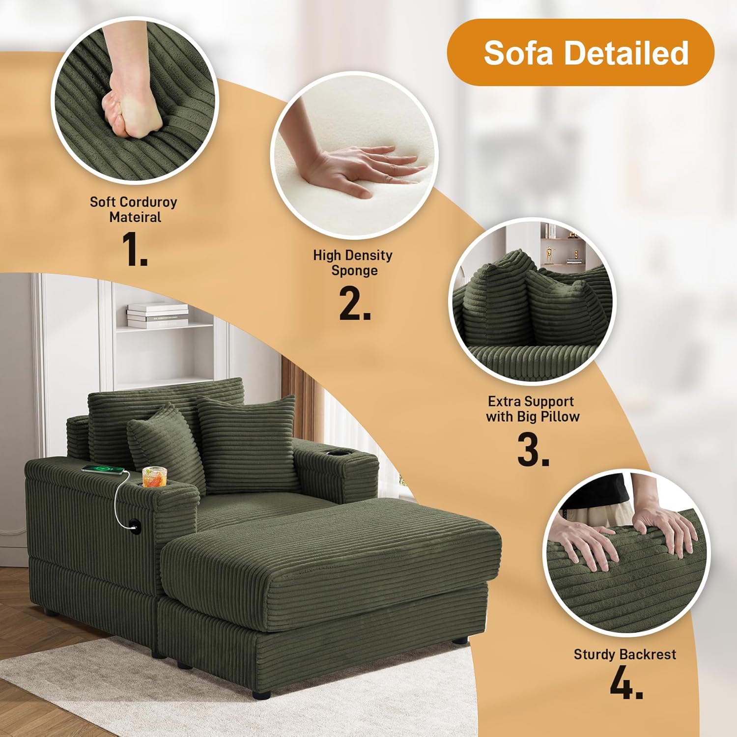 Oversized Chaise Lounge Chair Indoor with Adjustable Backrest, USB, Cup Holder & Ottoman, Firm Solid Wood Frame with Long Service Life Corduroy Oversized Lounge Reading Chair for Study Room - Green