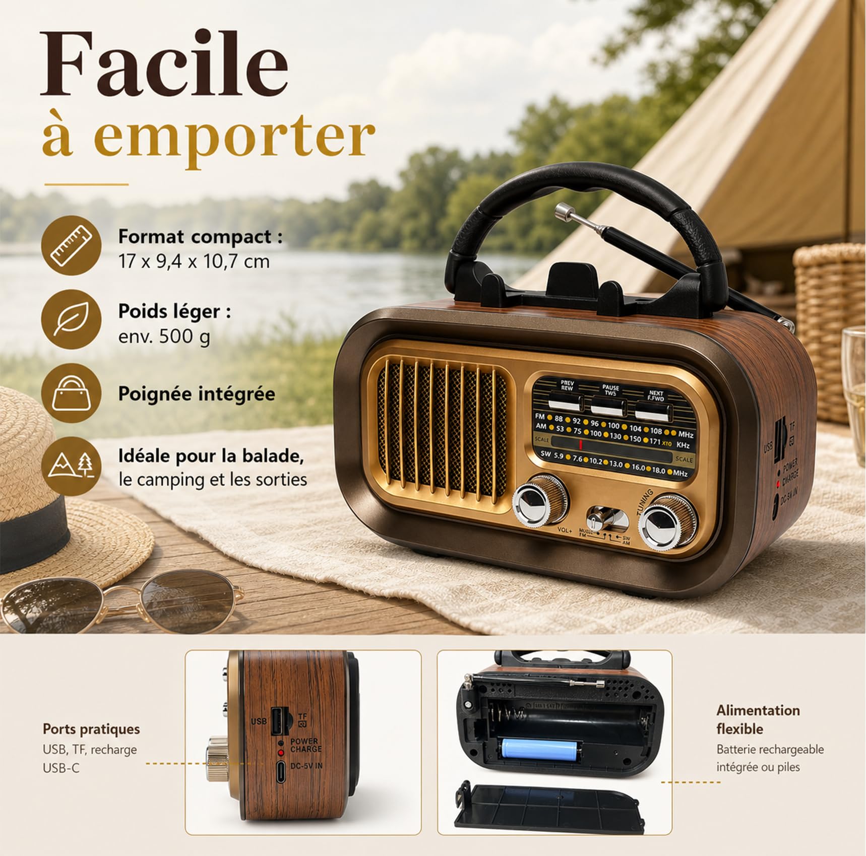 Poste Radio Portable Bluetooth AM/FM/SW, Radio Vintage Rechargeable 1200mAh avec USB/Carte TF/TWS, Radio à Piles D pour Maison, Jardin, Camping et Personnes Âgées