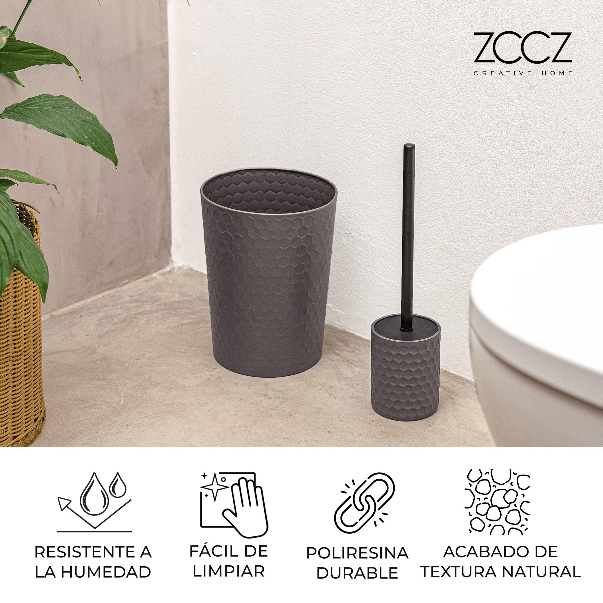 ZCCZ Juego de 6 Piezas de Accesorios de Baño Gris Cálido con Soporte de Cepillo de Dientes, Dispensador de Jabón, Bandeja de Bajón, Cubo Basura, Vaso de Baño y Escobilla, Juego de Baño Completo