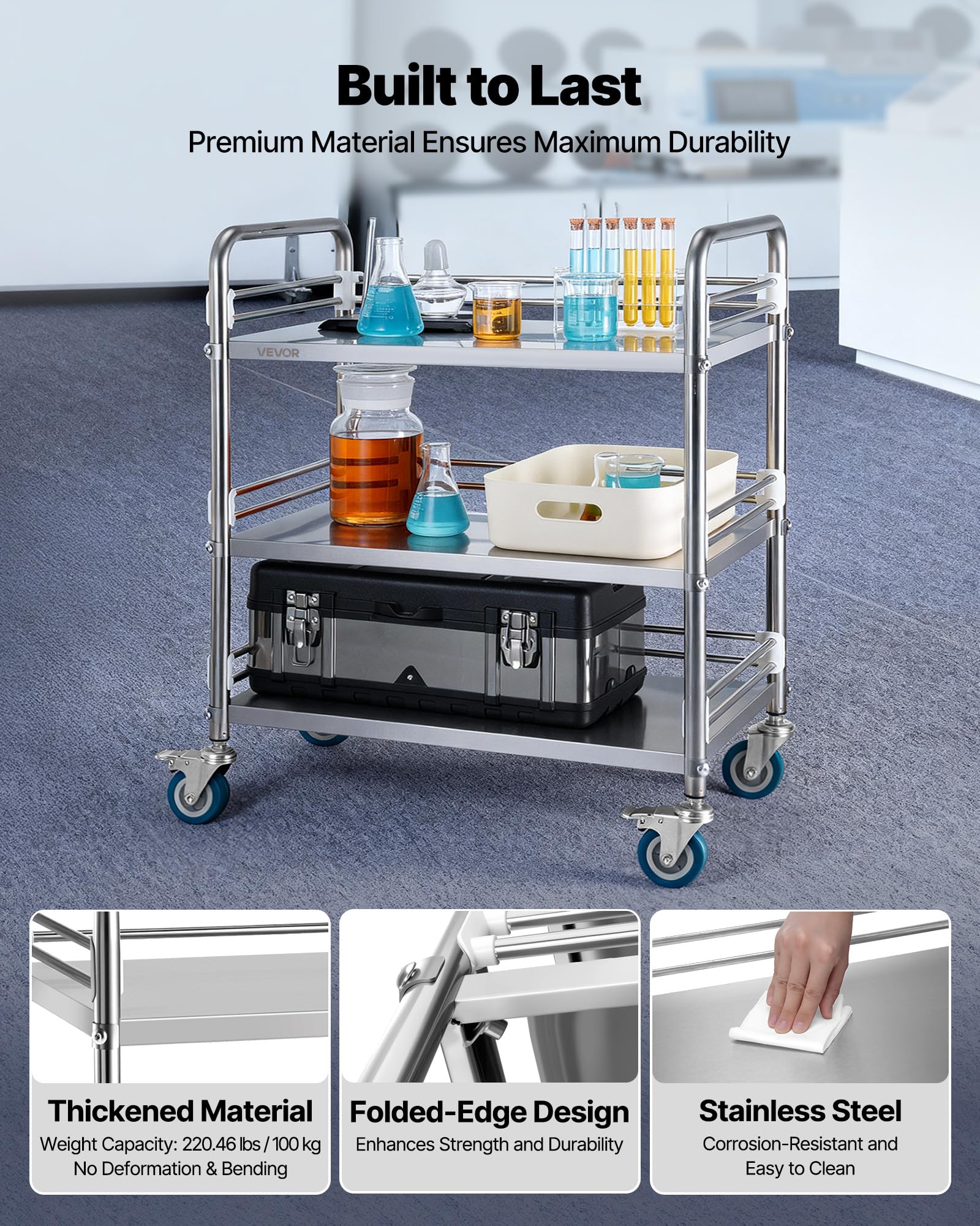 VEVOR Carrello da Laboratorio in Acciaio Inox a 3 Livelli con Ruote Bloccabili, Carrello per Servizio Medico, Vassoio per Clinica, Vassoio di Stoccaggio Mobile per Impieghi Gravosi per Ospedale