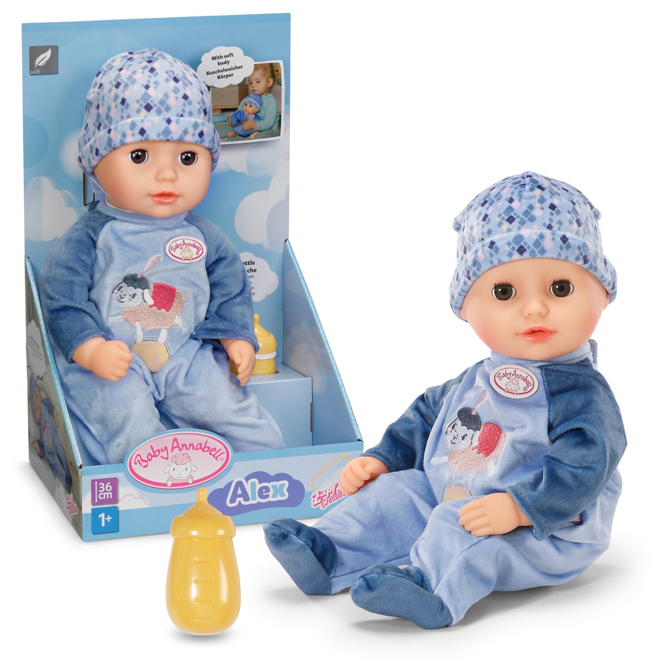 Baby Annabell Alex soft 36cm baby doll with Sleeping Eyes - Incl. bottle, hat & romper - First doll suitable for Children Aged 1+