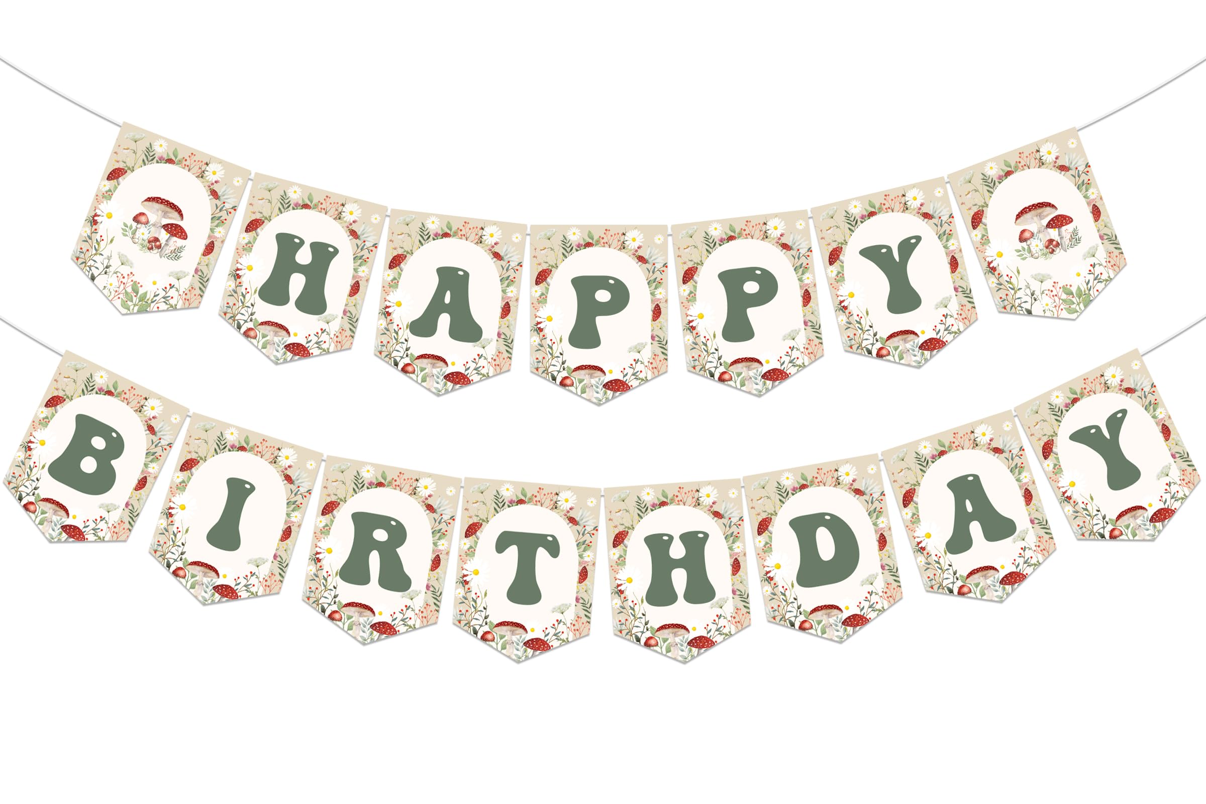 Sursurprise Mushroom Boho Birthday Decorations, Mushroom Happy Birthday Banner, Vintage Mushroom Birthday Decorations Toadstool Party Supplies