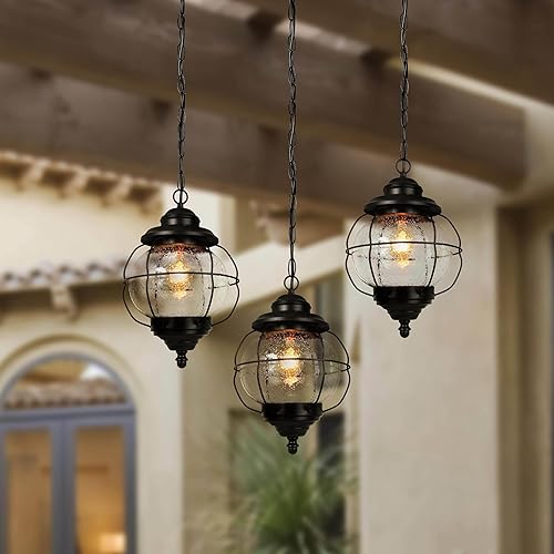 Miniatura 6 de Optimant Lighting Lámpara colgante negra para exteriores, modernas luces colgantes para exteriores para porche con cadena ajustable, iluminación