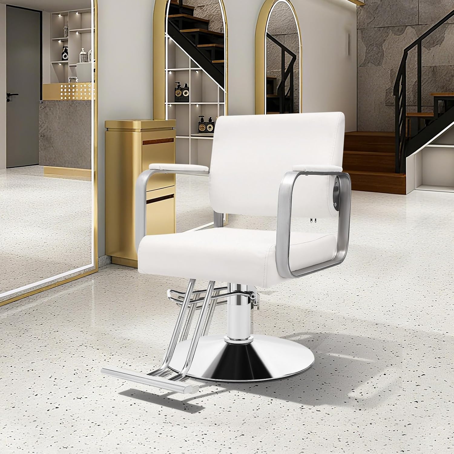 Modern Salon Chair 360° Rotatable Barber Chair Adjustable Height Hair Salon Chair with Footrest for Hair Salons, Beauty Homes, Barber Shops (Beige-White and Silver)