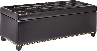 FIRST HILL FHW Messina Lift-Top Storage Ottoman Bench with Faux-Leather Upholstery and Nailhead Trim, Jet Black