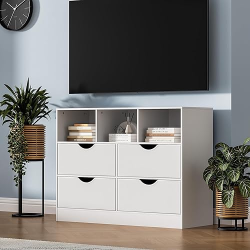 Miniatura 7 de Cómoda de 4 Cajones con Cubo Abierto, Cajonera Blanca para Dormitorio, Cómoda de Cajones de Tela PU Organizador Grande, 4 Cajones, Blanco