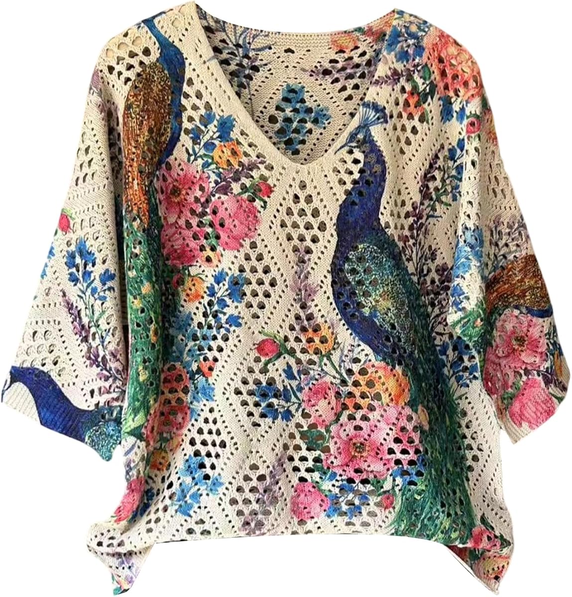 Women's Crochet Beach Summer Sweater 3/4 Length Sleeve Boho Tops