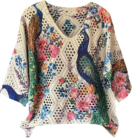 Verdusa Womens Crochet Beach Summer Sweater 3/4 Length Sleeve Boho Off The Shoulder Tops