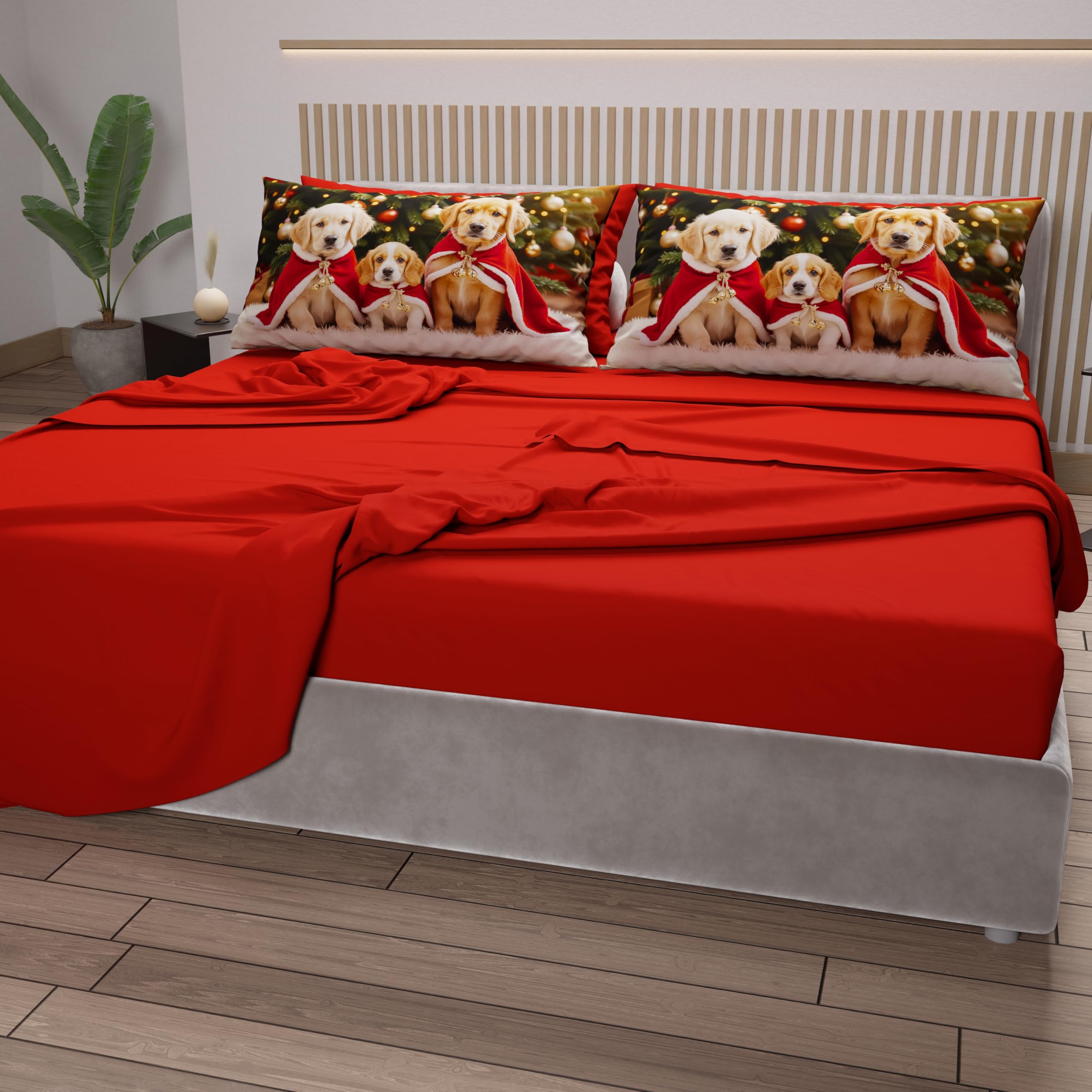 PETTI Artigiani Italiani - Lenzuola in Cotone con Federe in Stampa Digitale di Natale, Lenzuola Natalizie Una Piazza e Mezza Francese, Completo Letto Natalizio, Xmas 18 Rosso, 100% Made in Italy