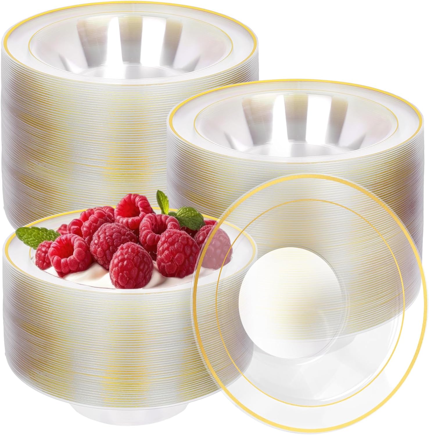 100Pcs Clear Plastic Party Bowls With Gold Rim 12 Oz Disposable Soup Bowl Salad Dessert Serving Bowl for Holiday Wedding Birthday Baby Shower Party Supplies