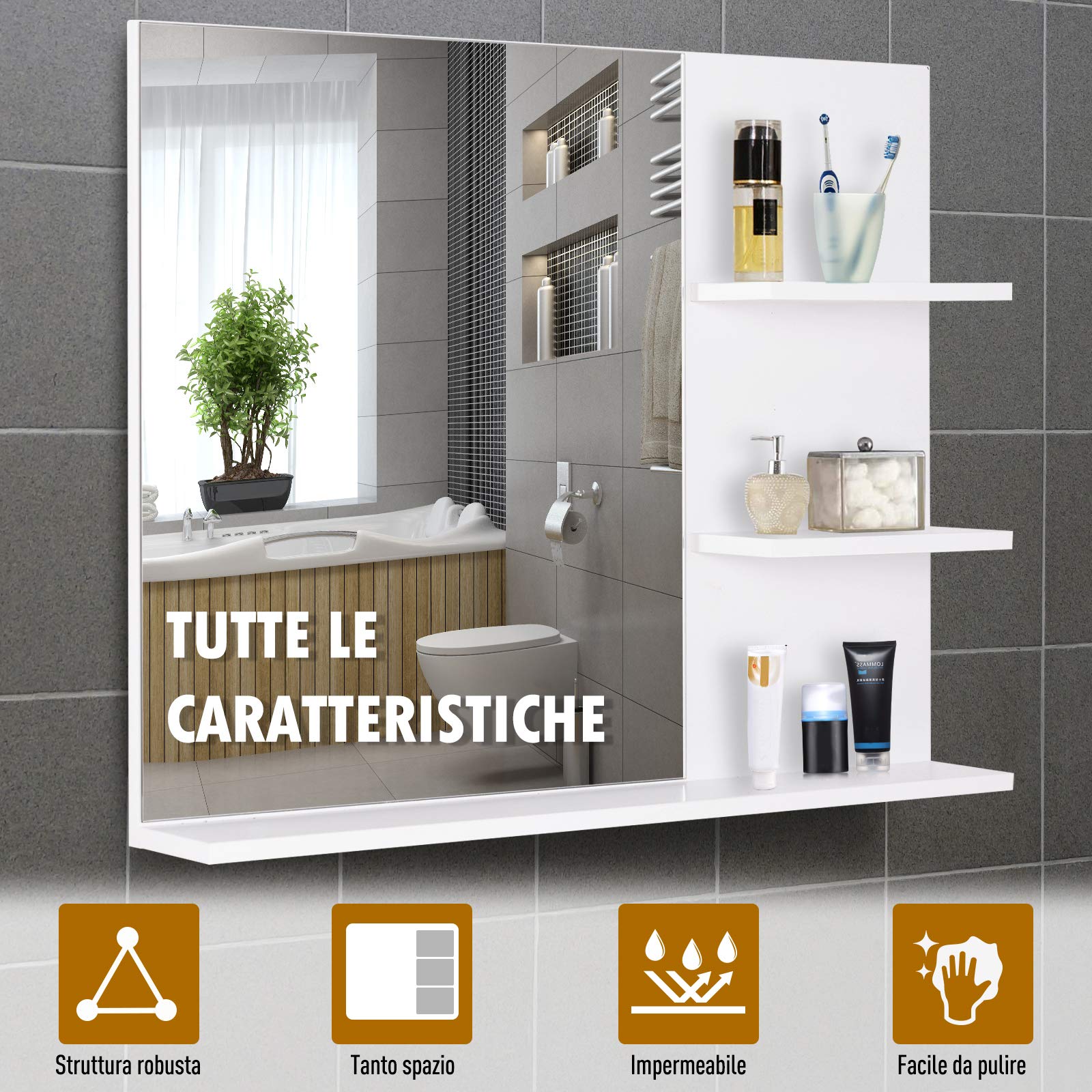 kleankin Specchio da Bagno con 2 Ripiani Laterali e Ripiano Inferiore, Specchio Moderno con Montaggio a Parete, in MDF e Vetro, 60x10x48 cm, Bianco