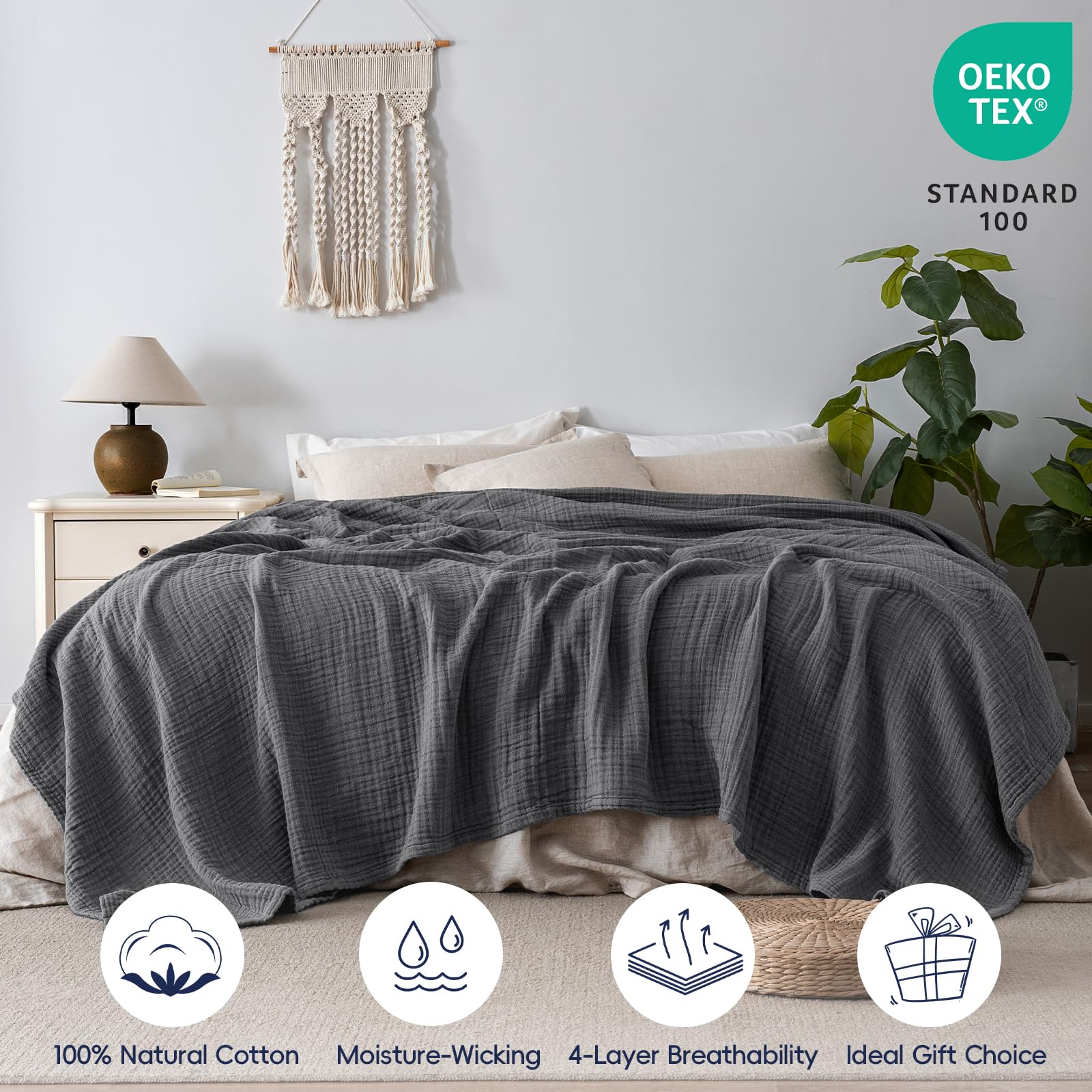 Coperta in mussola 100% cotone, copriletto a 4 strati, morbido copriletto in mussola di cotone turco, reversibile, beige (misura intera/regina 91 x 95 x 240 cm