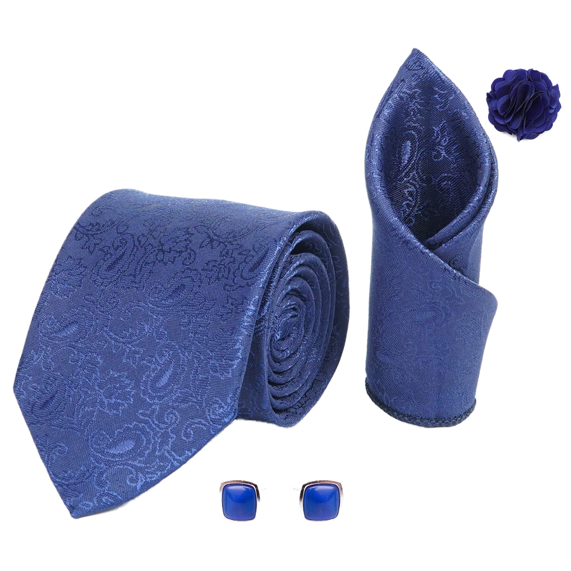 Mens Plaid Paisley Silk Necktie Gift Set With Pocket Square Cufflinks & Brooch Pin Formal Tie With Leatherite Box (Navy Blue JCNBRX Free Size)-image-45