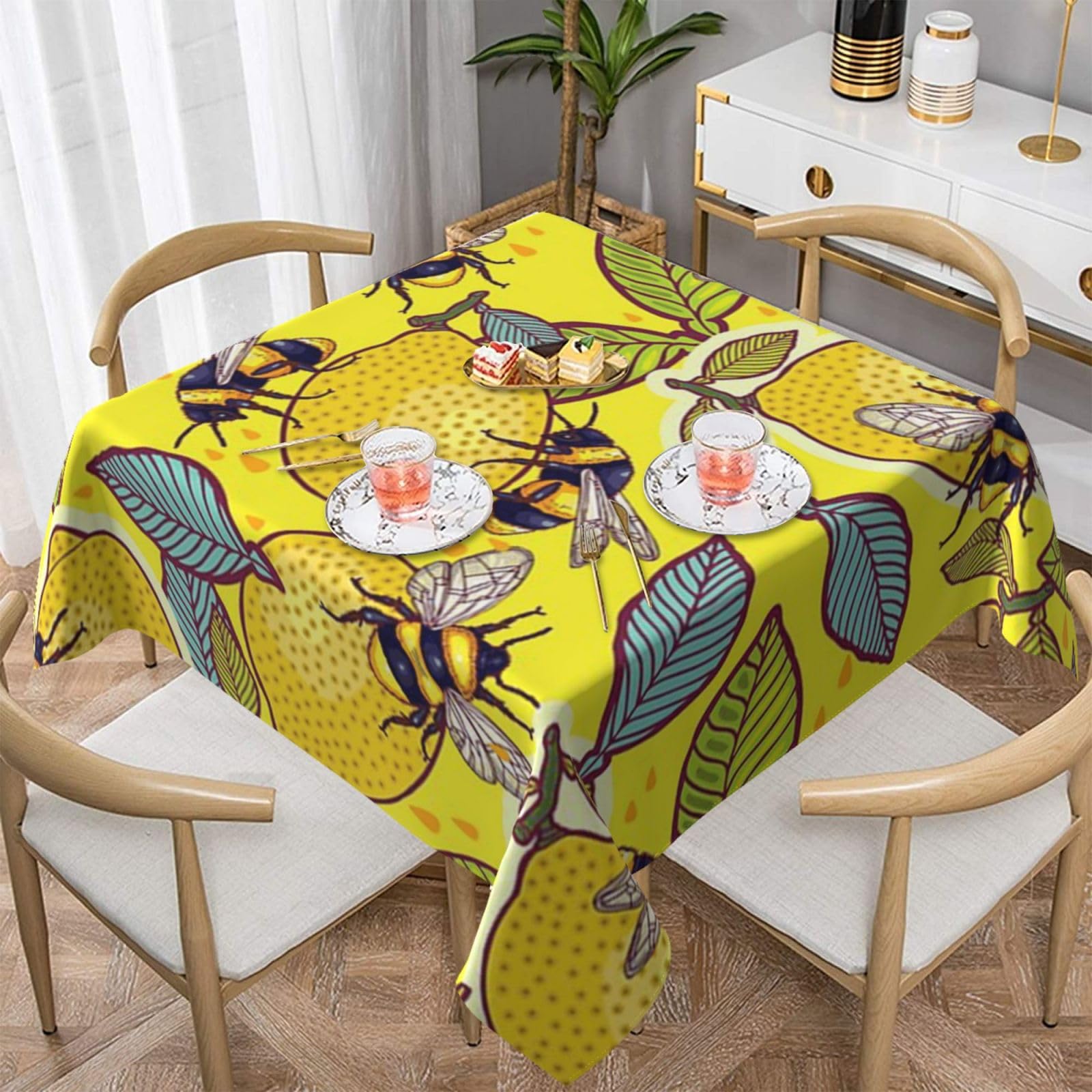 DCEHGEW Yellow Lemon and Bee Prints Square Tablecloth 137x137 CM, Waterproof Fabric Table Cloth for Dining Table, Farmhouse Table Cover for Kitchen Dining Tabletop Decoration